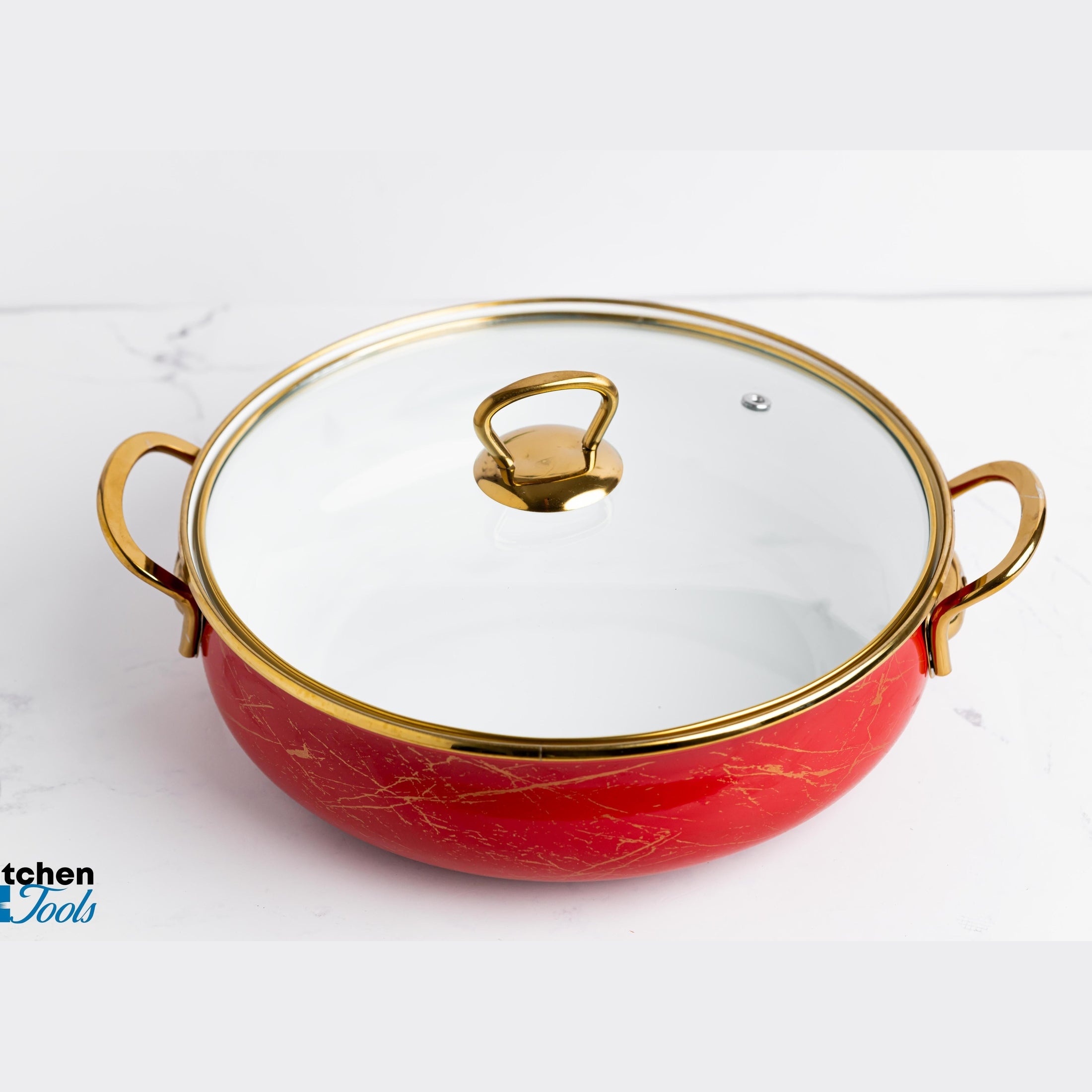 Cratiță emailată 4.5L Goldmann, manere aurii, capac sticlă