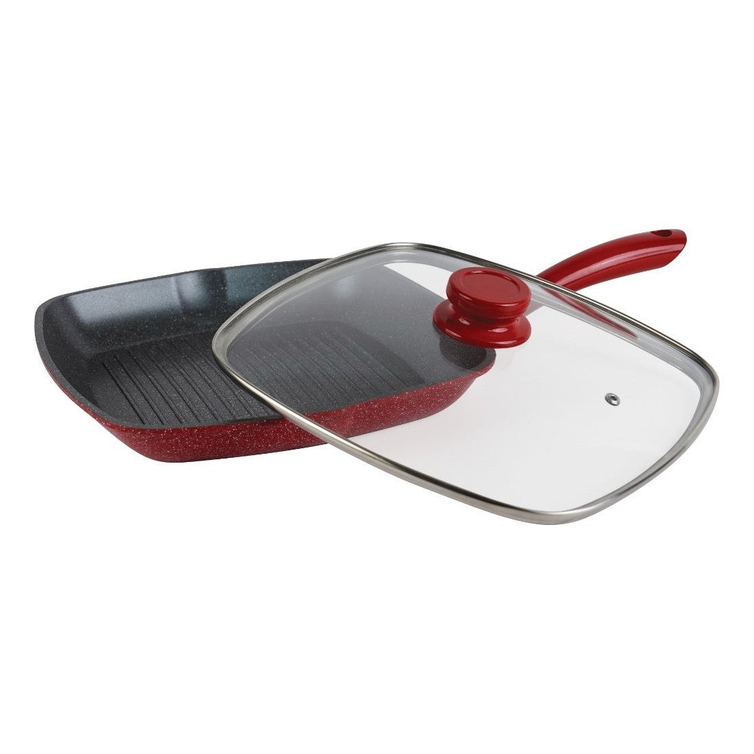 Tigaie grill cu capac sticlă 24x24 cm, roșie