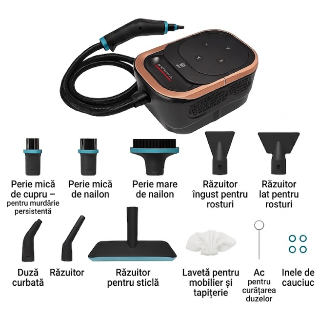 Aparat de curatat cu abur, 1500W, 4Bar, 1.25 litri, 6 niveluri de curatare, 10 accesorii incluse, Oliver Voltz