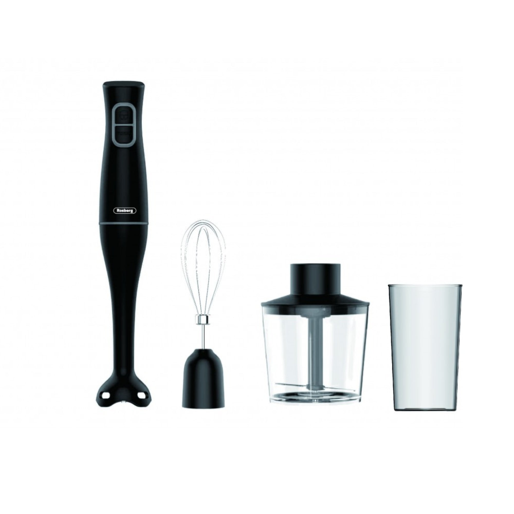 Set 3 in 1 Blender de Mana, 350W, 2 viteze, Tija Plastic, Pahar 700ml, Chopper, Tel, Rosberg, Negru