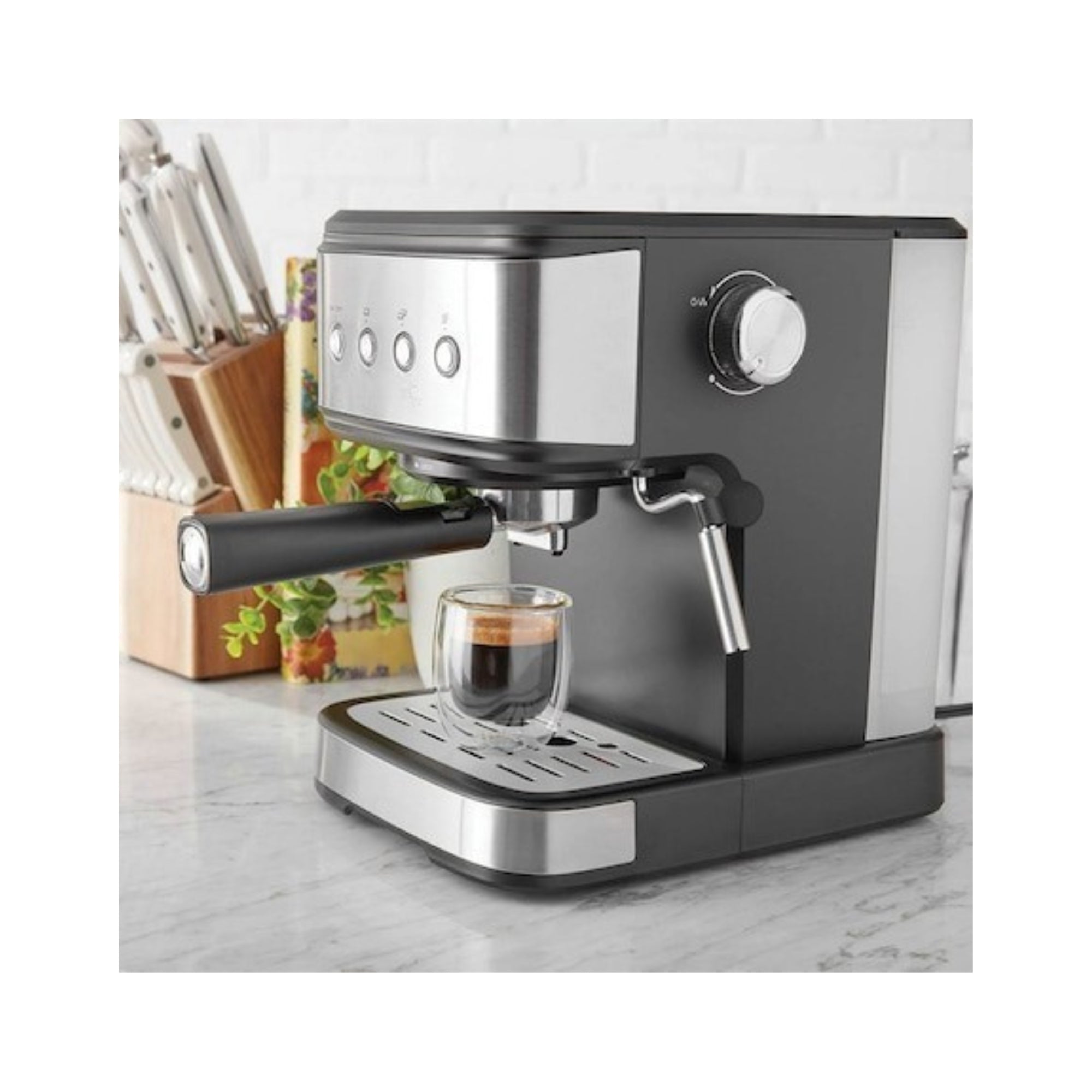 Espressor de cafea Oliver Voltz Premium, spumare lapte, cafea macinata, 1.2 L, 20 bar, 1100W, Disc crema, Negru/Inox
