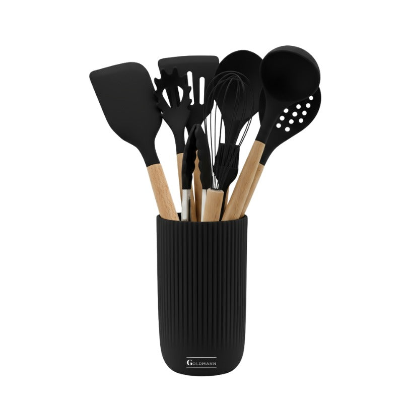 Set ustensile de bucatarie din silicon, 10 piese, maner din lemn, suport inclus, negru, Goldmann
