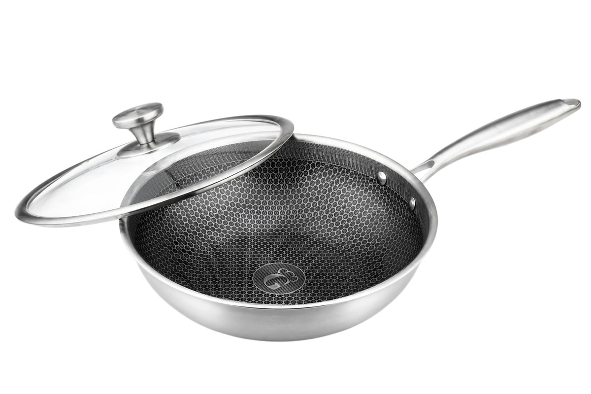 Tigaie WOK hybrid FUSIONHEX PRO, 28x8cm, 4.1 L capac sticla, suprafata anti-zgarieturi, acoperire antiaderenta, inox 18/10, Goldmann