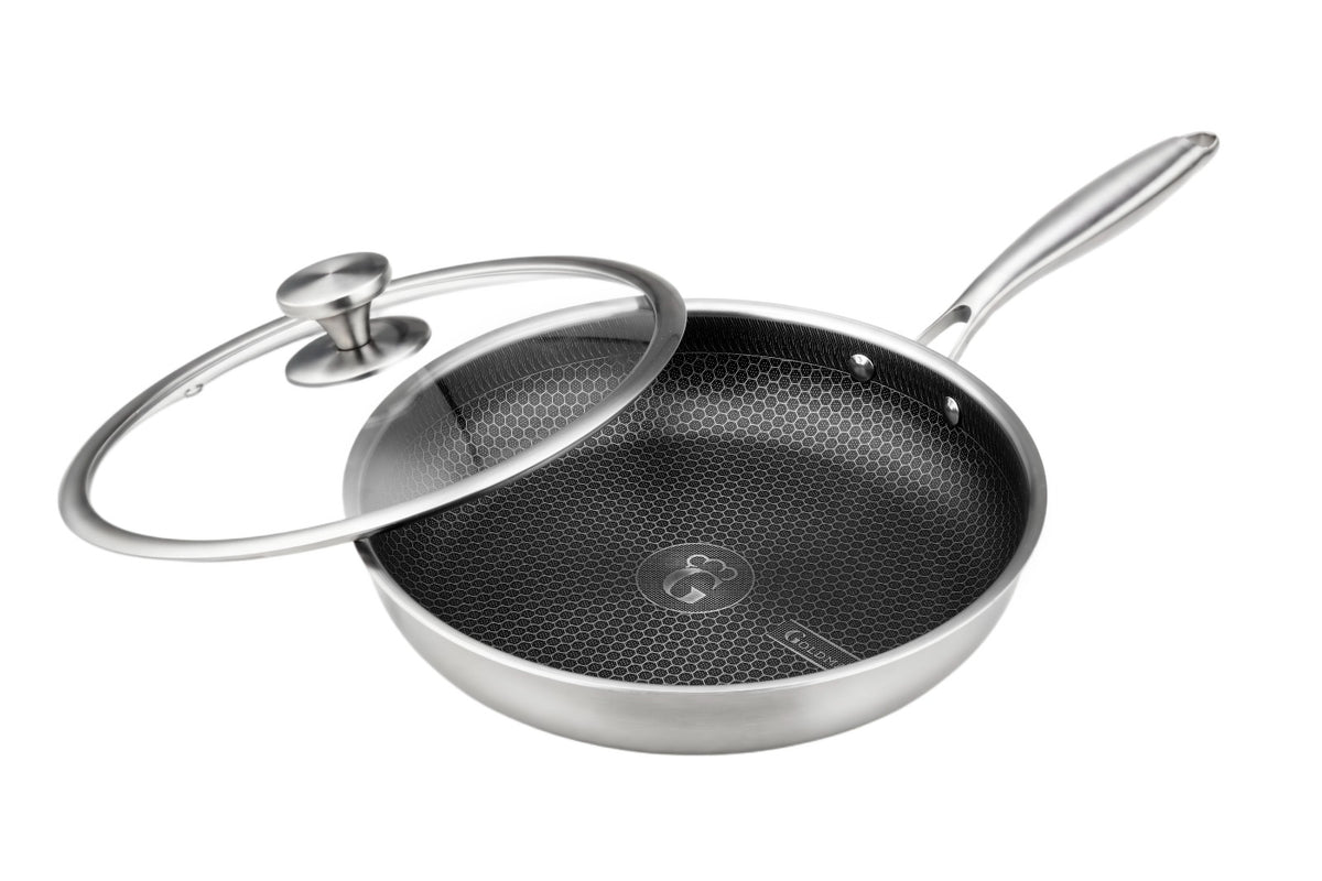 Tigaie inalta hybrid FUSIONHEX PRO, 26x6.5cm, 3 L capac sticla, suprafata anti-zgarieturi, antiaderenta, inox 18/10, Goldmann