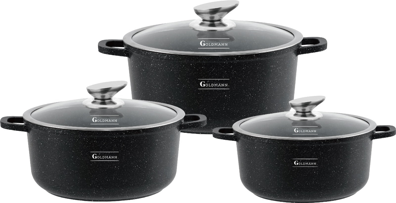 Set 6 Piese Cratite Goldmann – 2.3L, 4.5L, 6.5L, Capace Incluse, Interior antiaderent, Exterior Marmorat, Inductie