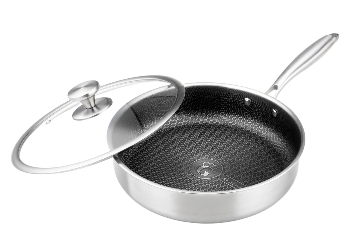 Tigaie inalta hybrid FUSIONHEX PRO, 26x6.5cm, 3 L capac sticla, suprafata anti-zgarieturi, antiaderenta, inox 18/10, Goldmann