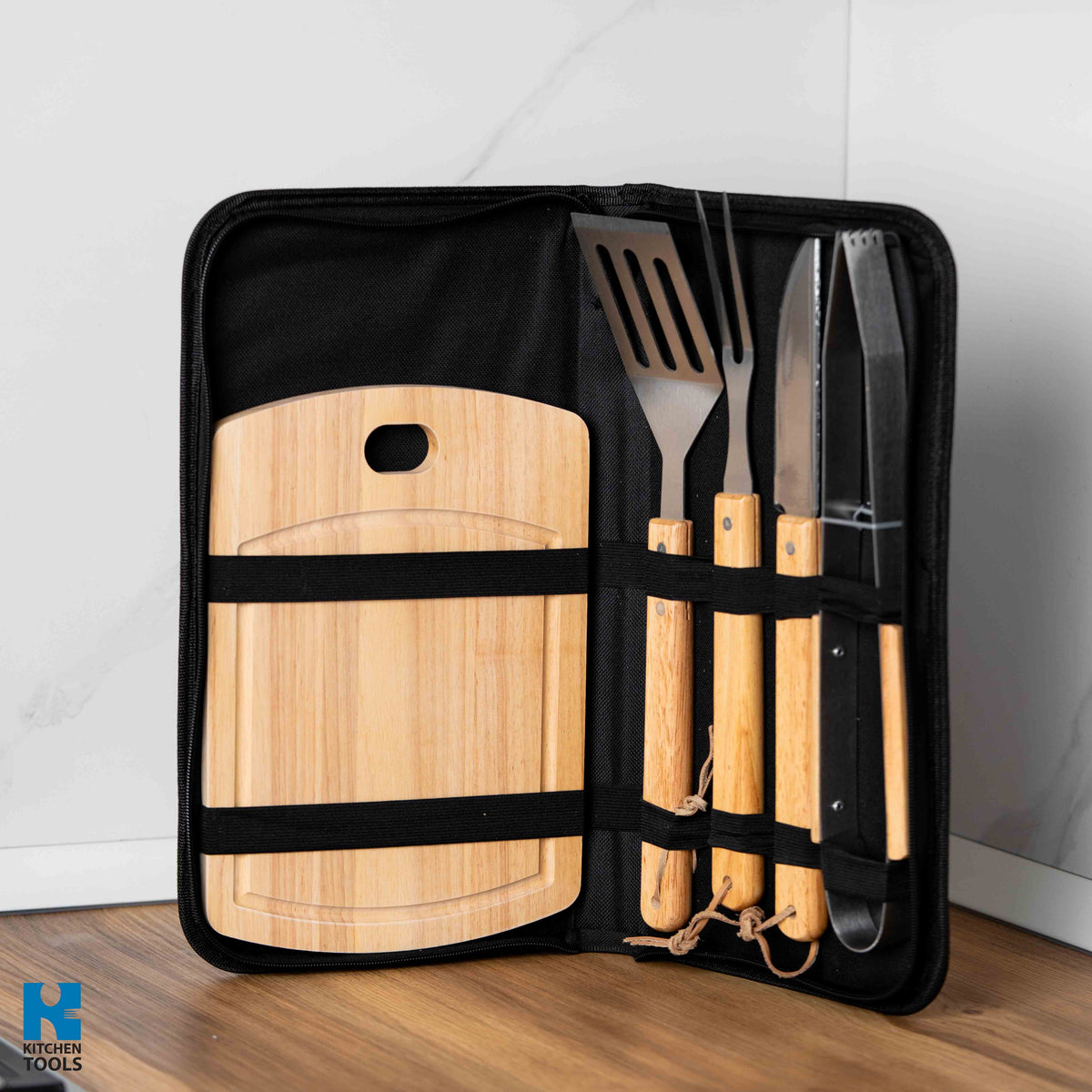 Set ustensile pentru gratar, 6 piese, inox, tocator plastic, 38.5x21x4.5cm, Oliver Voltz
