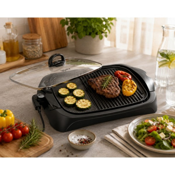 Grill electric 2000w, 40x30cm, capac din sticla VOLTZ, 5 nivele de temperatura, termostat reglabil