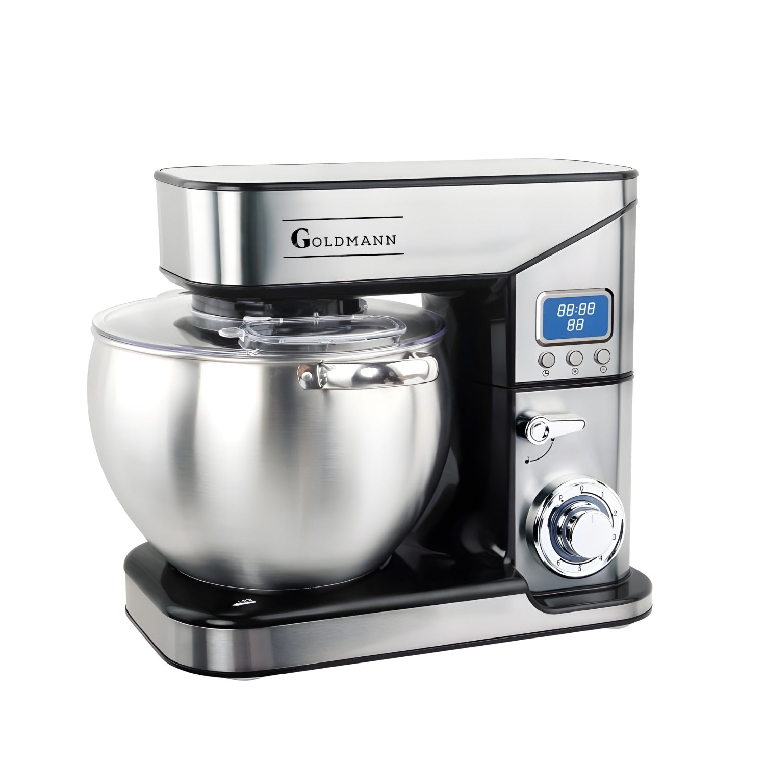 Mixer planetar, 2800 W, Bol 10 L Inox, 5 Accesorii, 6 Viteze, Timer/Cronometru, Angrenaje metalice, Carcasa inox, GOLDMANN, Gri