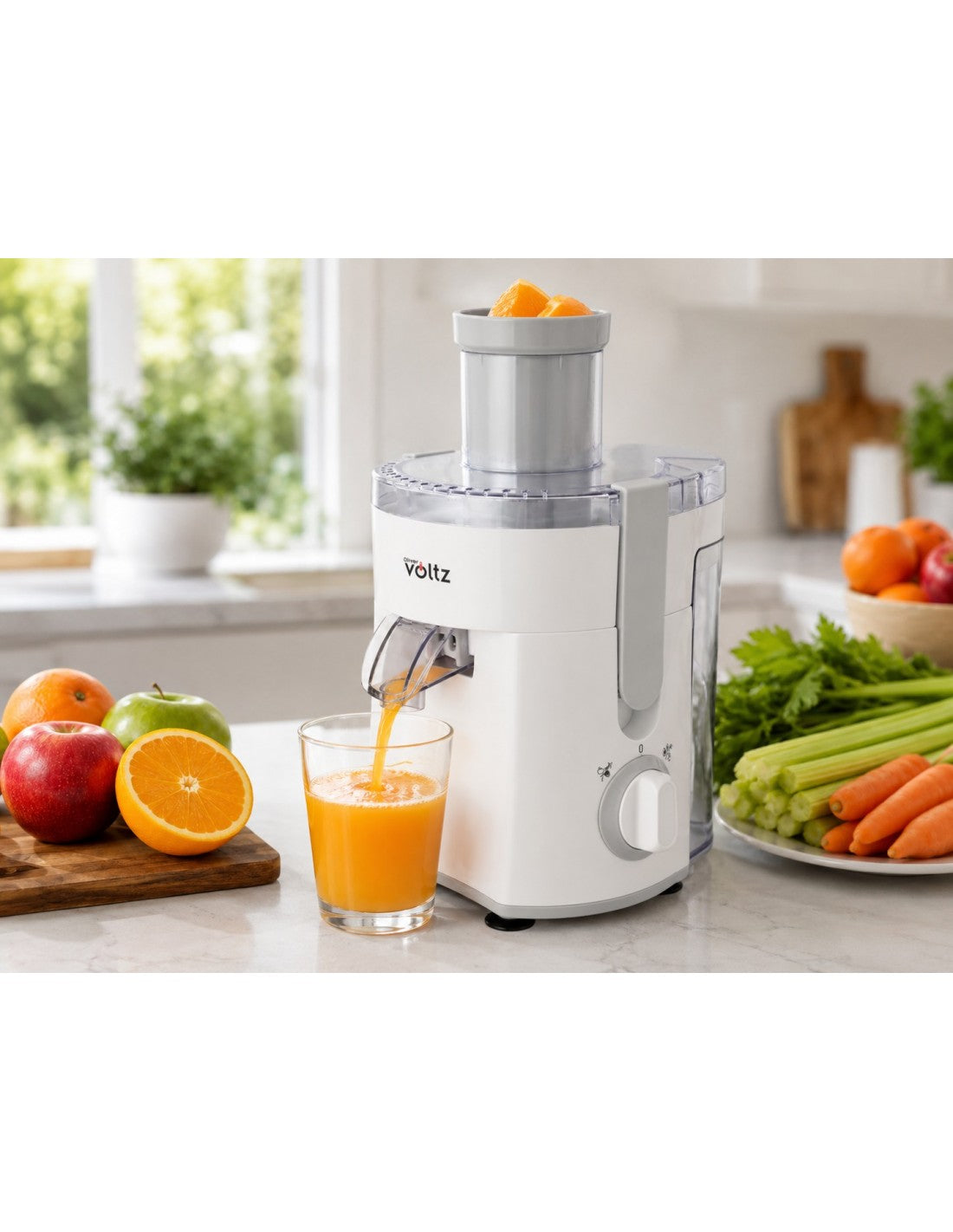 Storcator electric de fructe/legume, 400W, 600 ml, 2 viteze, sita metalica, Oliver Voltz, alb