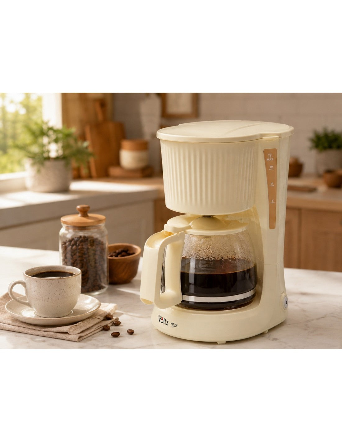Cafetiera cu filtru, 750W, 1.5 litri, 12 cesti, functie mentinere cald, anti-picurare, Oliver Voltz, gama Nice, crem