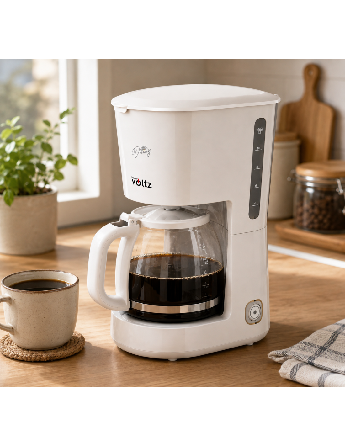 Cafetiera electrica, 1.25 Litri, anti-picurare, carafa din sticla, gradatie, Oliver Voltz, alb