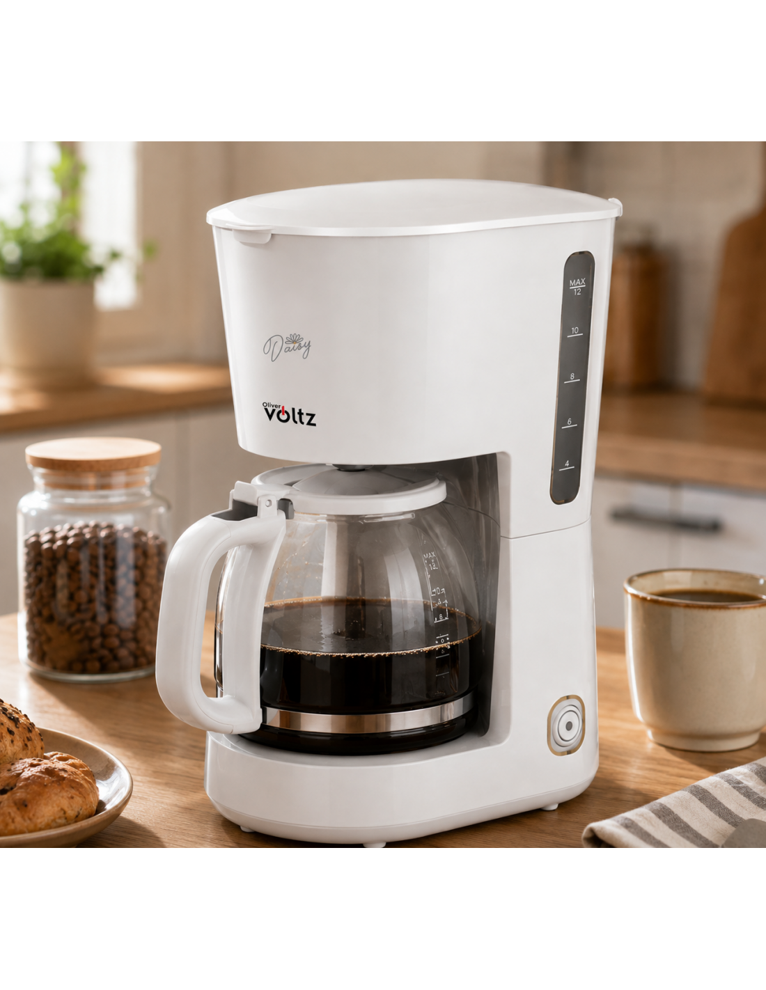 Cafetiera electrica, 1.25 Litri, anti-picurare, carafa din sticla, gradatie, Oliver Voltz, alb