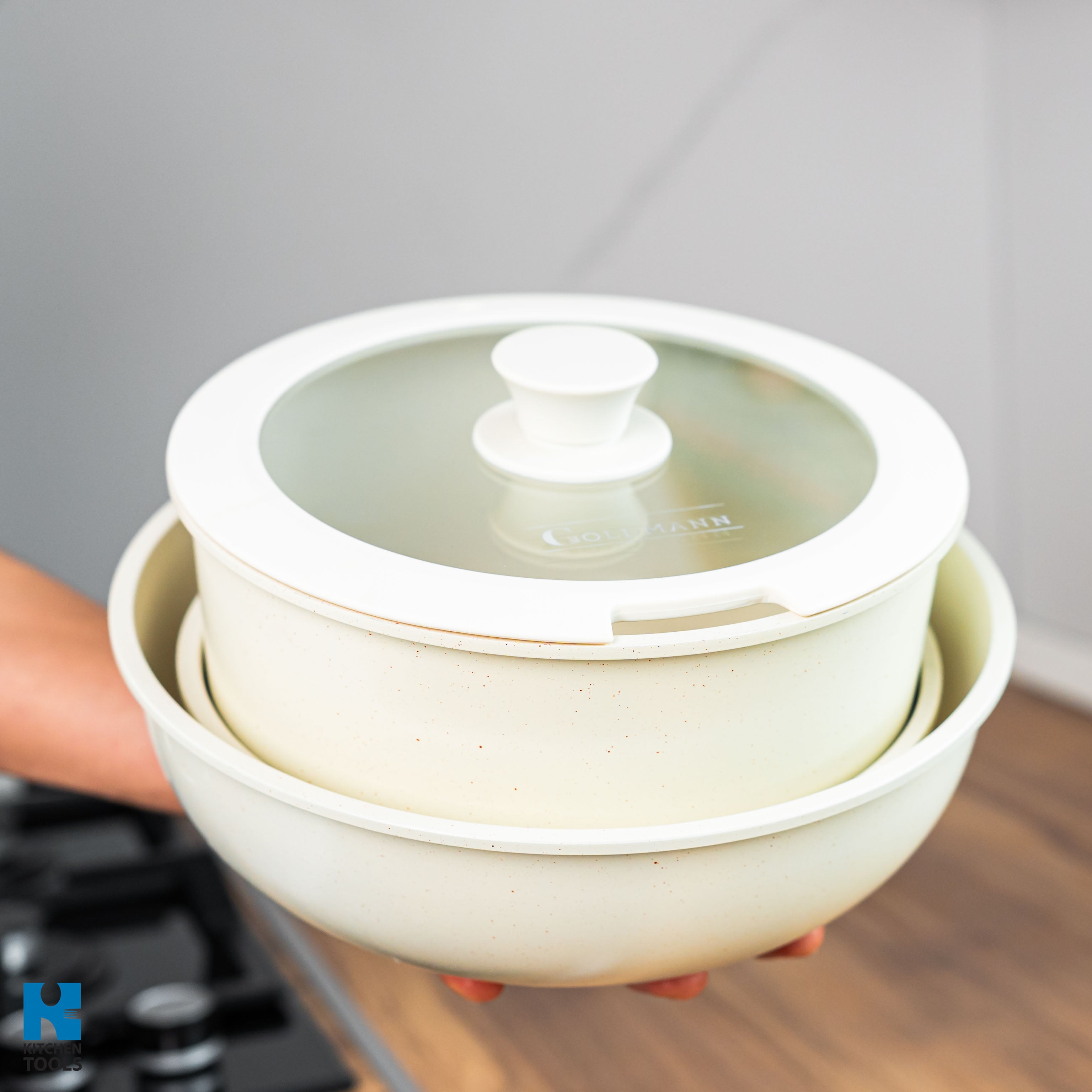 Set vase pentru gatit Goldmann GM-1005, 1.9L/3.5L/3.9L, 5 piese, interior marmorat, maner detasabil