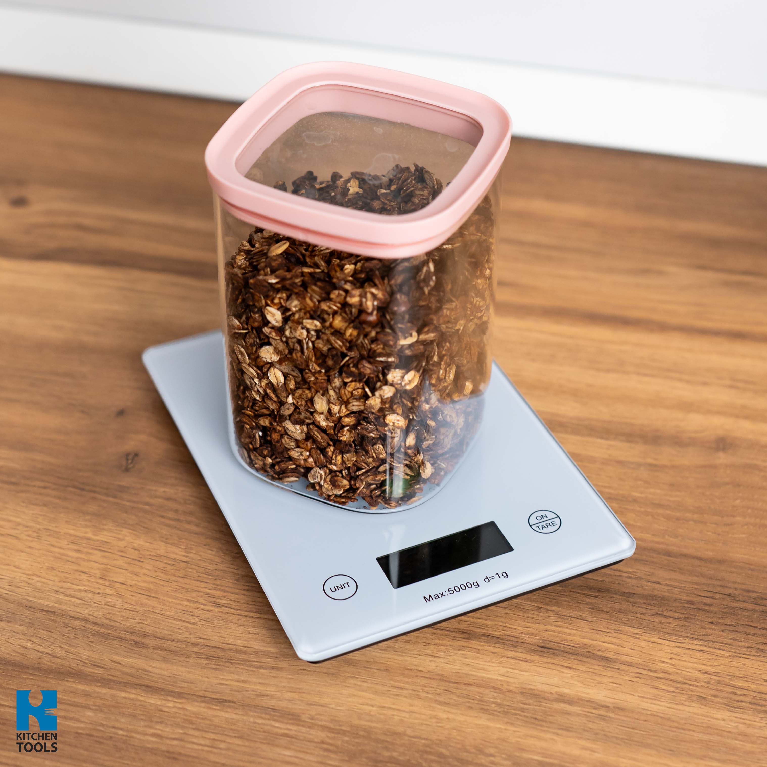 Cantar premium de bucatarie, 5kg, ecran LCD, precizie 1g, functie TARA, sticla securizata, 20x14.6x1.8 cm, Rosberg, alb