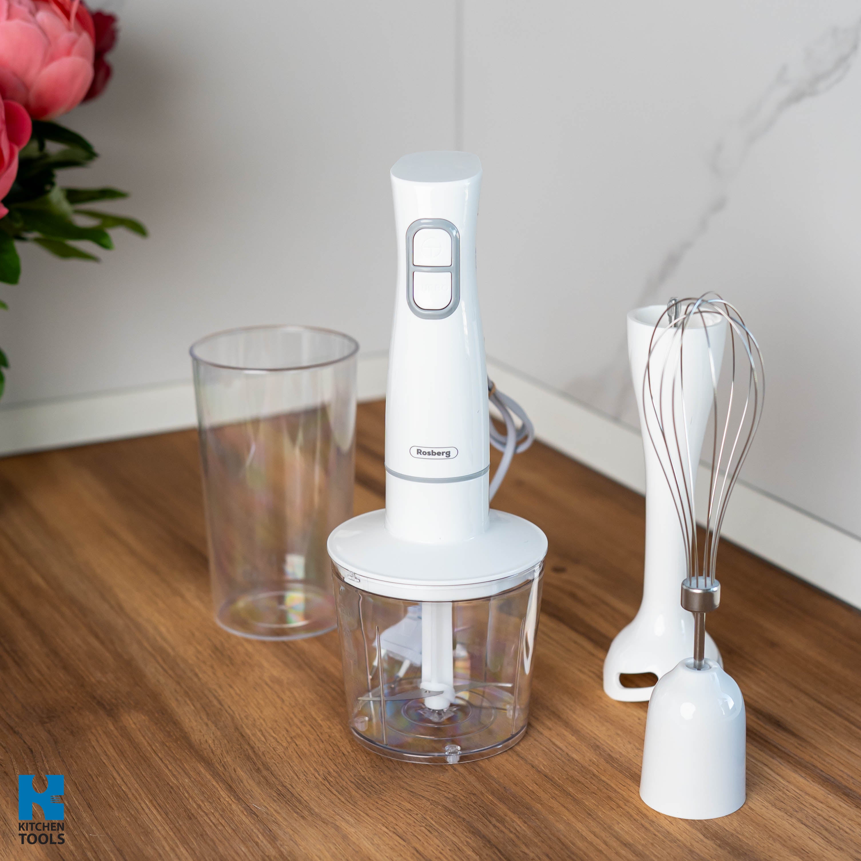 Set 3 in 1 Blender de Mana, 350W, 2 viteze, Tija Plastic, Pahar 700ml, Chopper, Tel, Rosberg, Alb