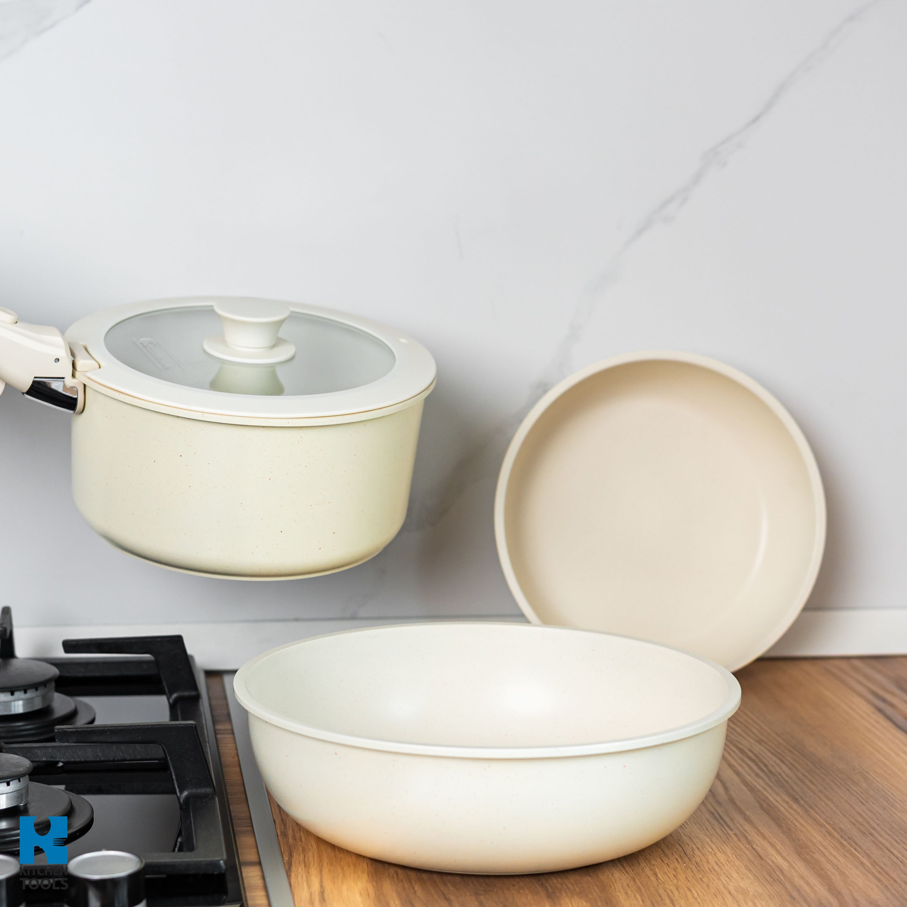 Set vase pentru gatit Goldmann GM-1005, 1.9L/3.5L/3.9L, 5 piese, interior marmorat, maner detasabil