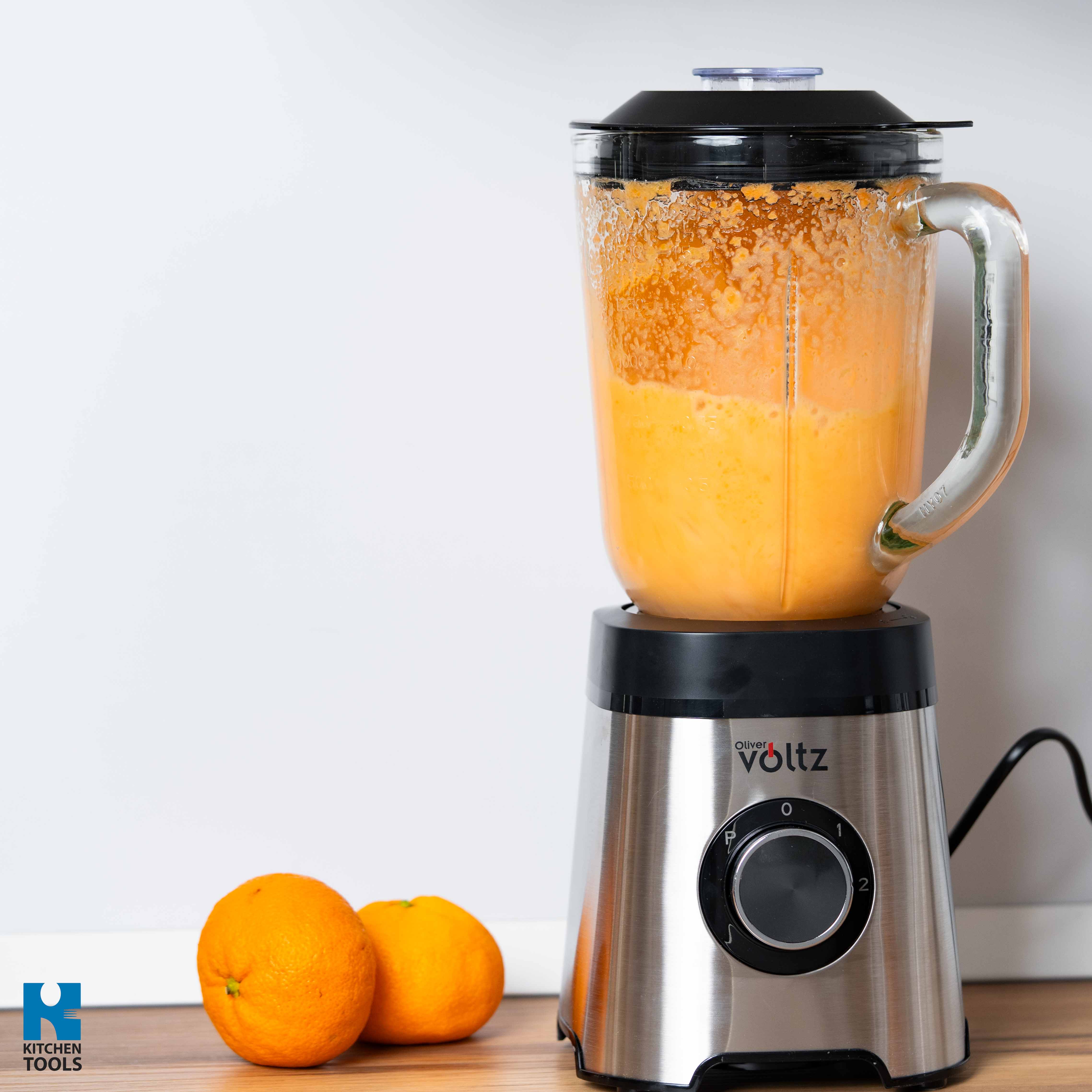 Blender electric, 800W, 1.5 litri, lame inox, 2 trepte viteza, zdrobitor nuci/gheata, functie pulse, bol sticla, Oliver Voltz, argintiu