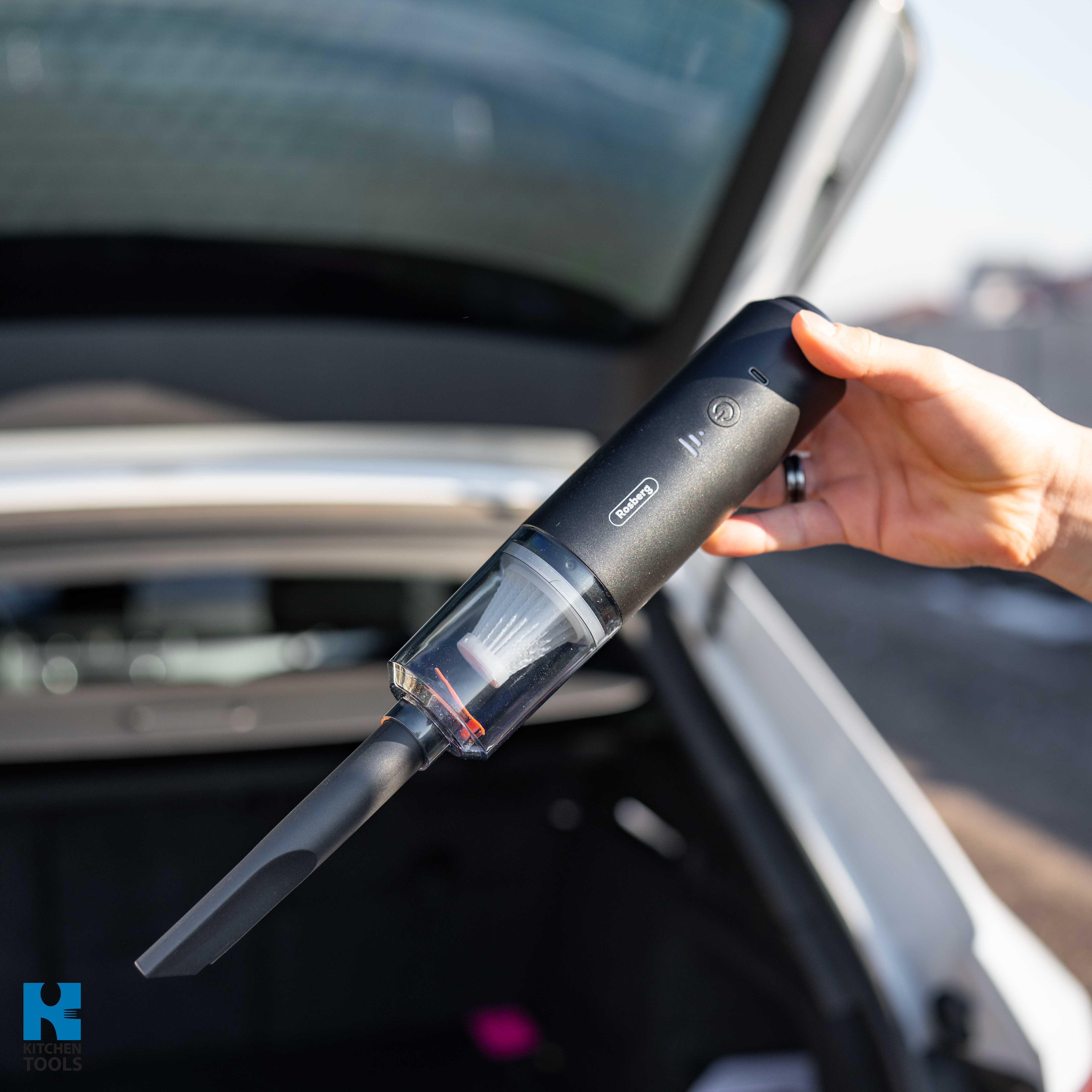 Aspirator portabil fara fir, 1800mAh, 100ml, 65W, filtru HEPA, aspirare/suflare, Rosberg, albastru