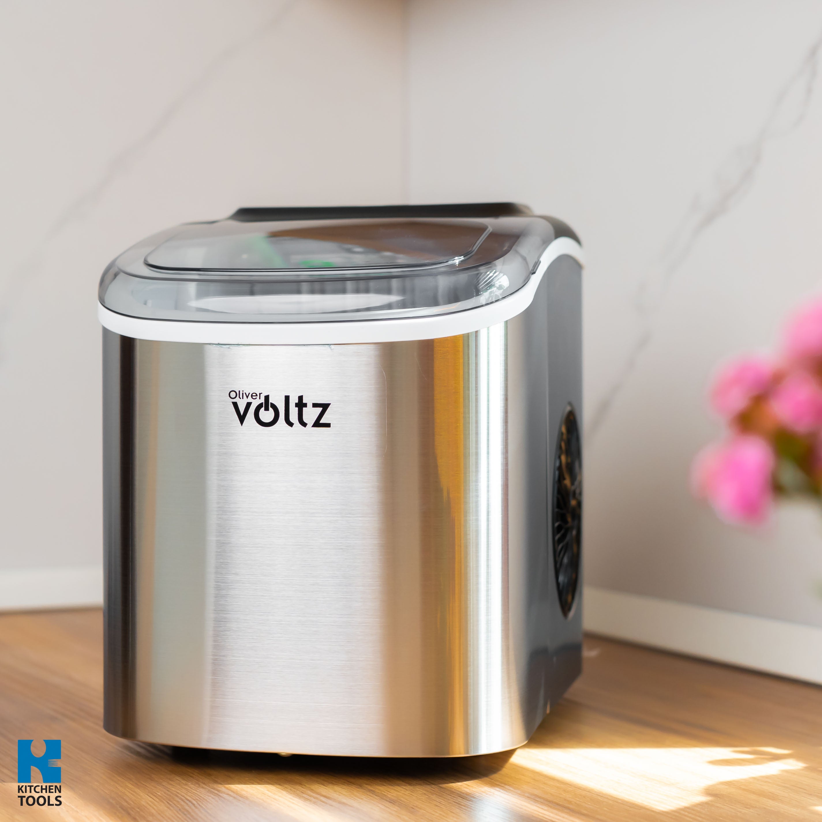 Aparat gheata Oliver Voltz, 12kg/zi, 1.3L, Inox, 9 cuburi/serie, Răcire R600a, Indicatori inteligenți, Gheață tip bullet, Gri