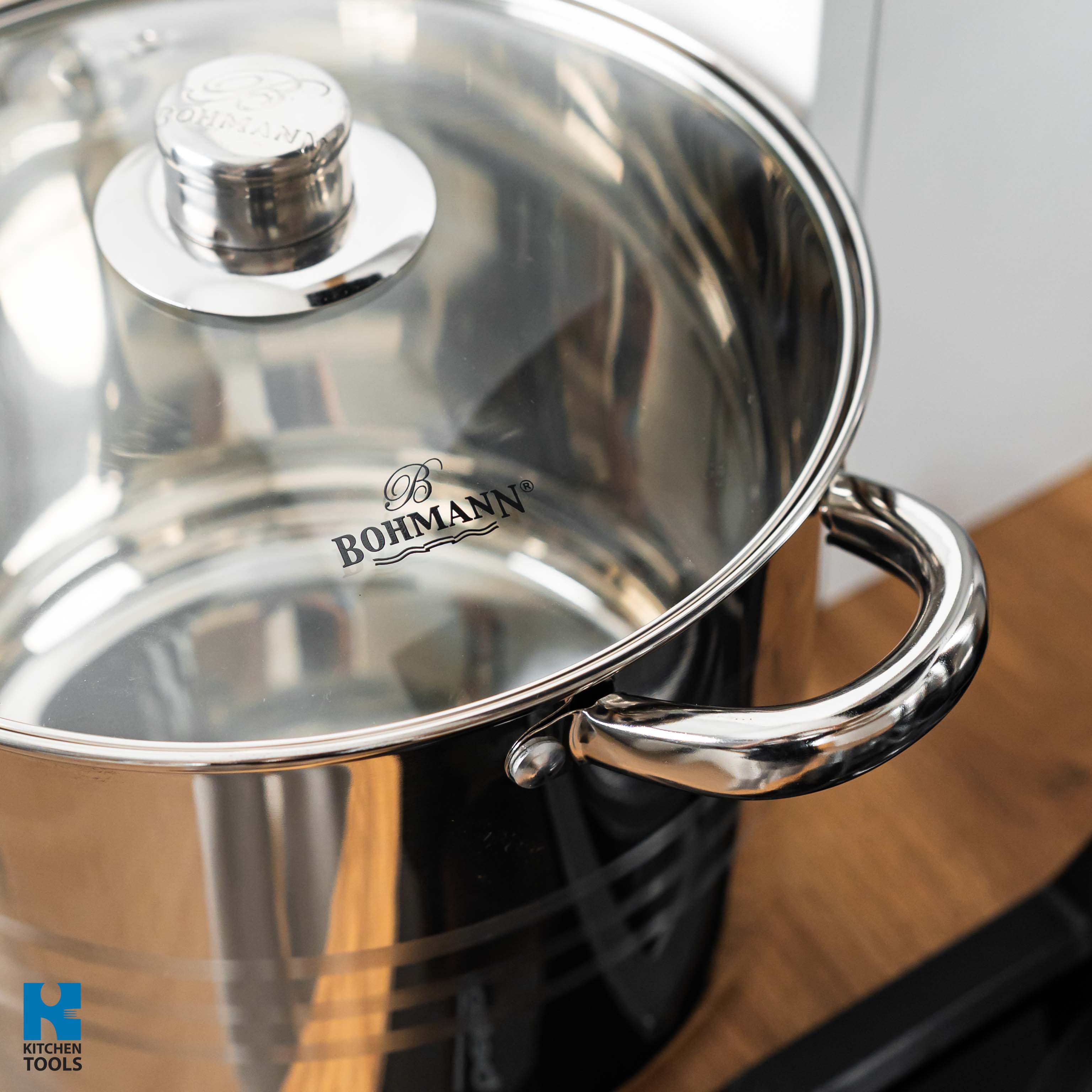 Set oale inox 8 piese Bohmann, 7 L, 9 L, 11.5 L, 13.5 L, 3 straturi, compatibil cu inductie, capace sticla inox