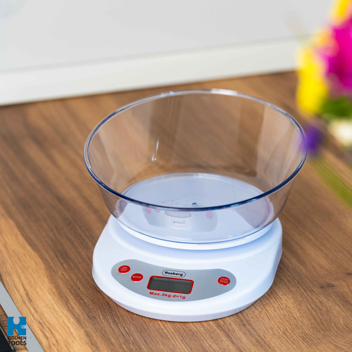 Cantar electronic de bucatarie, 5kg maxim, baterie, prezie 1g, ecran LCD, Rosberg, alb