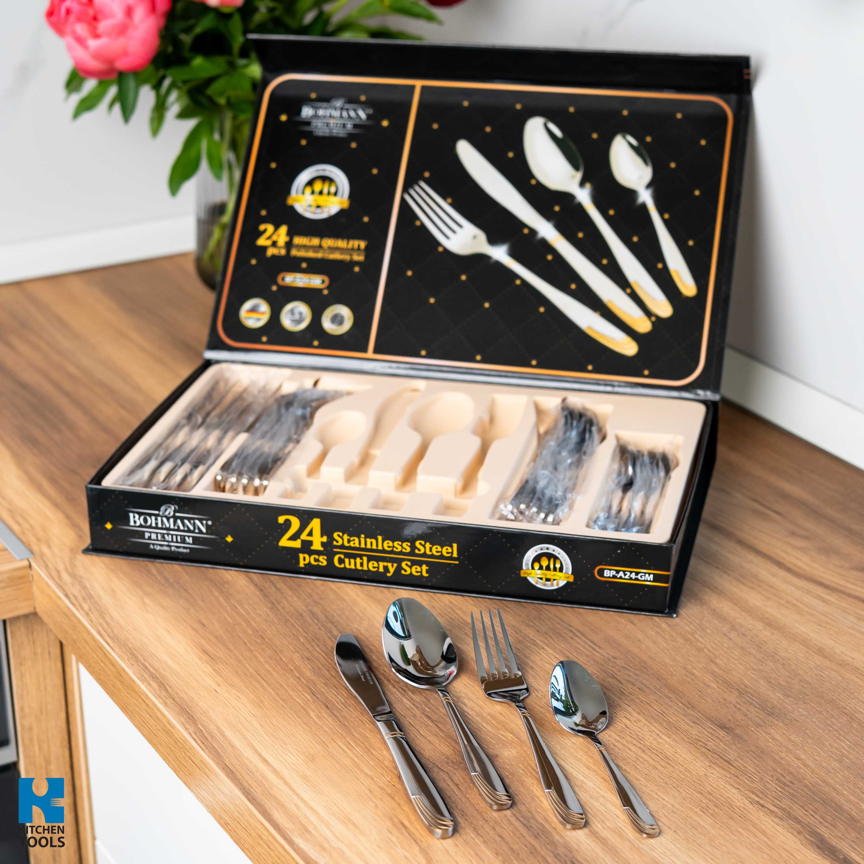 Set tacamuri 24 piese Bohmann Premium, Otel inoxidabil, auriu