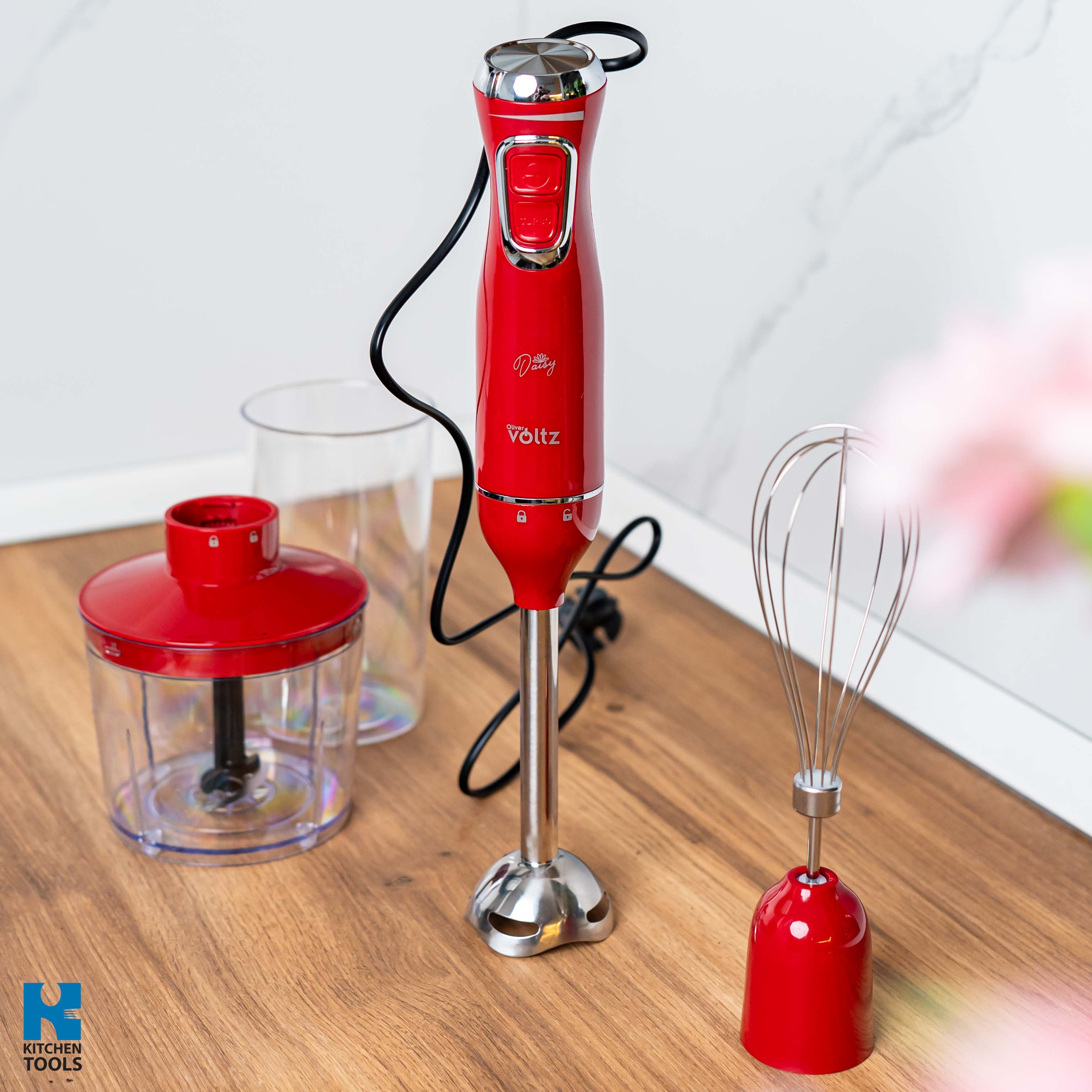 Blender 3 in 1 vertical de mana, 2 viteze, mixer/tocator/blender, lame din otel, 800W, pahar 700ml, Oliver Voltz Daisy, rosu