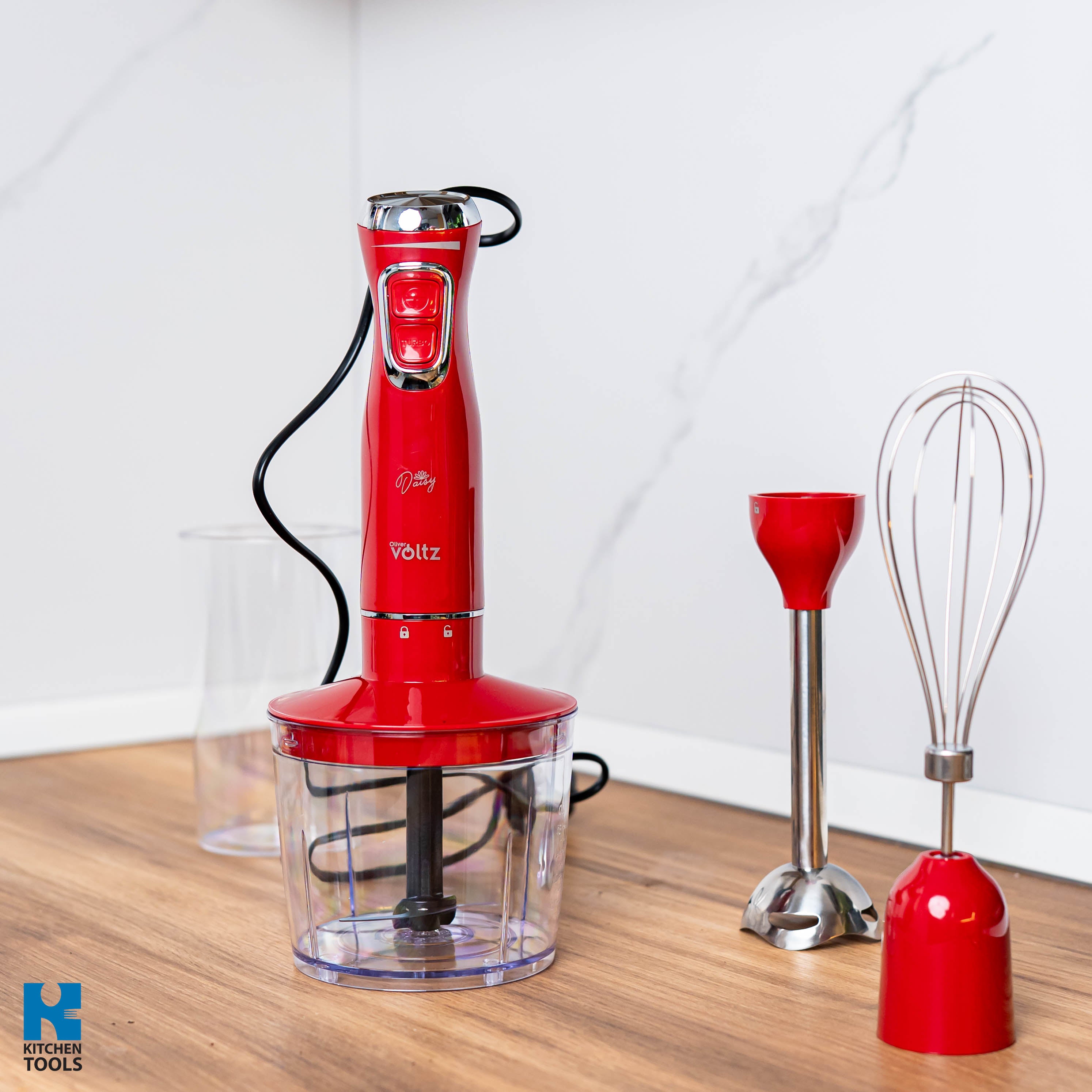 Blender 3 in 1 vertical de mana, 2 viteze, mixer/tocator/blender, lame din otel, 800W, pahar 700ml, Oliver Voltz Daisy, rosu
