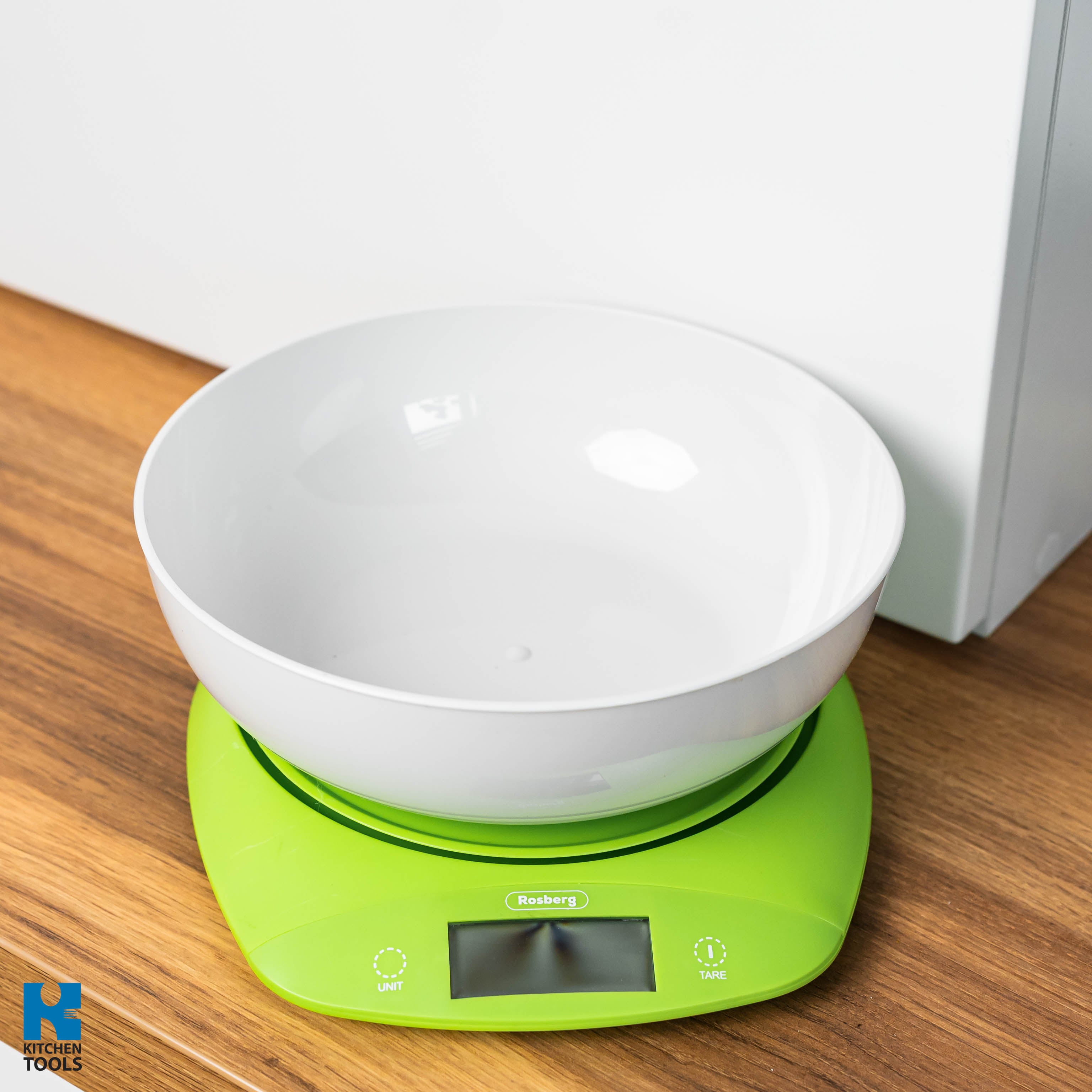 Cantar electronic bucatarie, 5kg, 2xAA incluse, unitati de masura g,kg,lb,oz,CUP,ml, Rosberg, verde