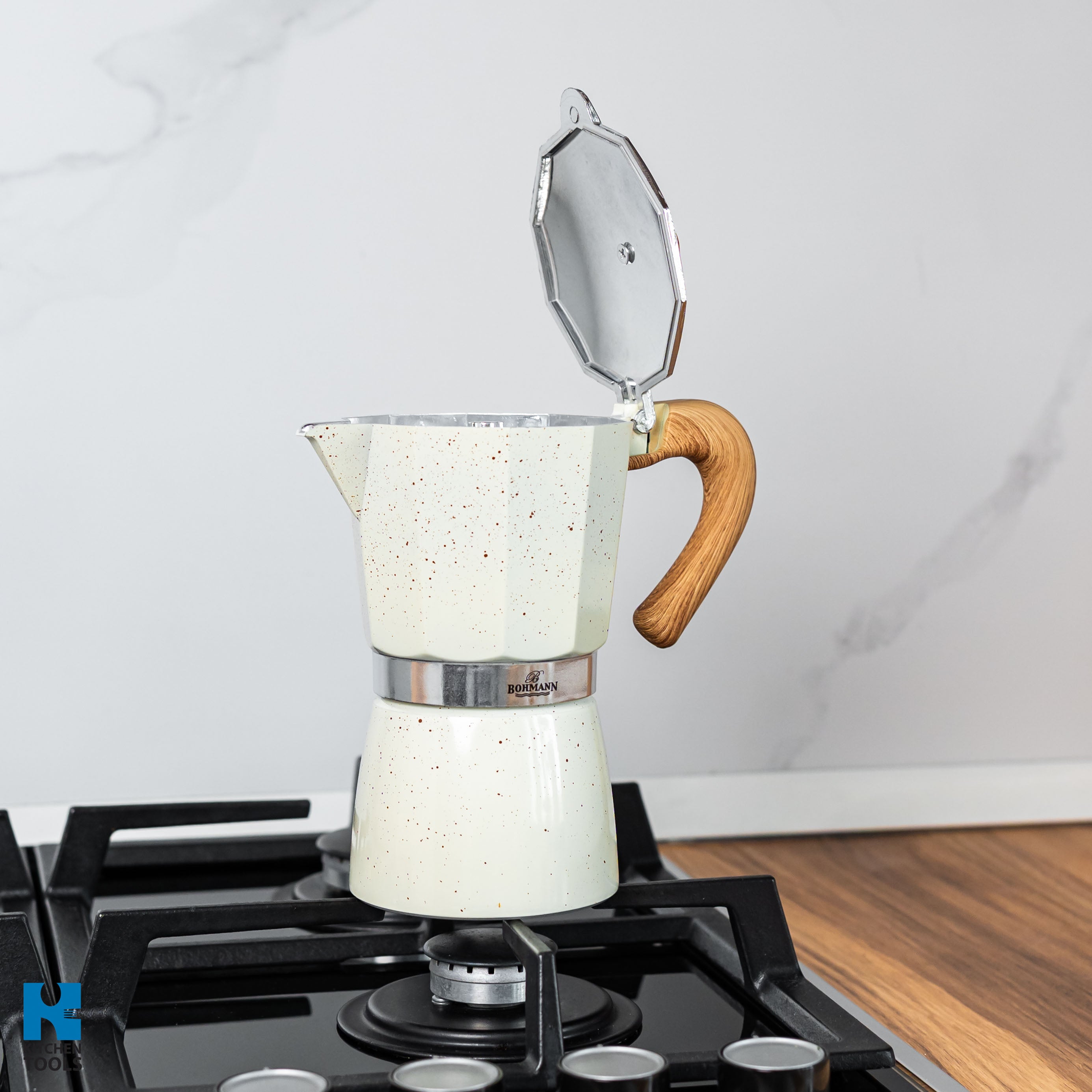Espressor de cafea din aluminiu, 6 cupe, acoperire marmorata, maner lemn, Bohmann, bej