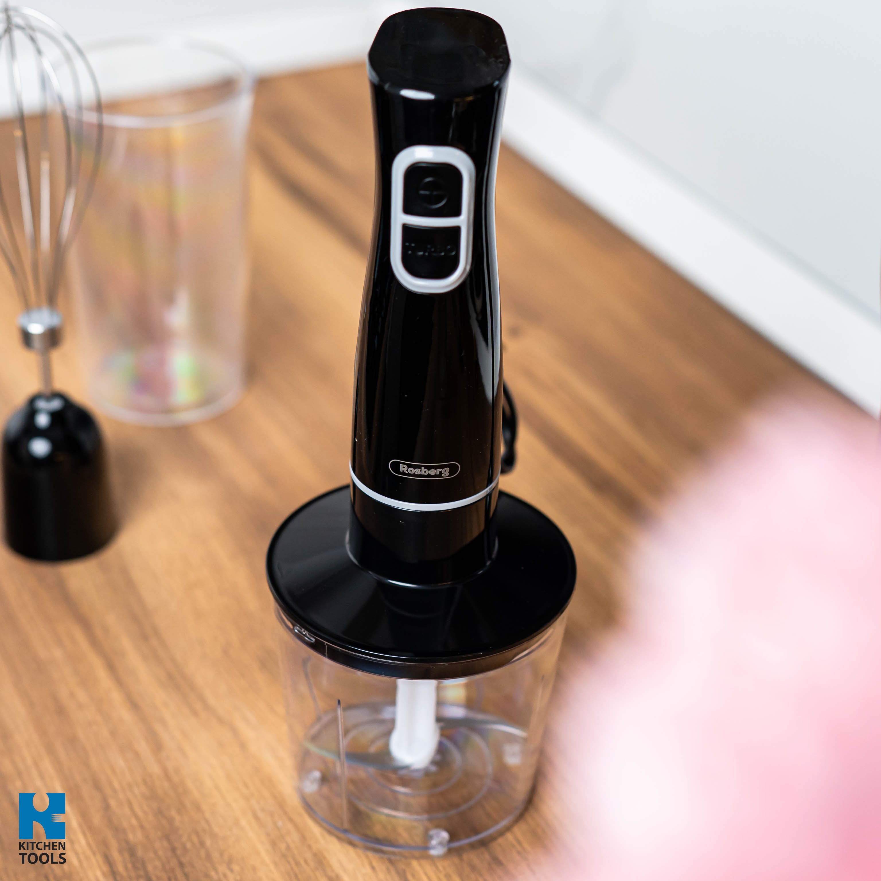 Set multifunctional blender/tocator/mixer 3 in 1 , 400W, lama otel, bol 500ml, pahar 650ml, tija detasabila, Rosberg, negru