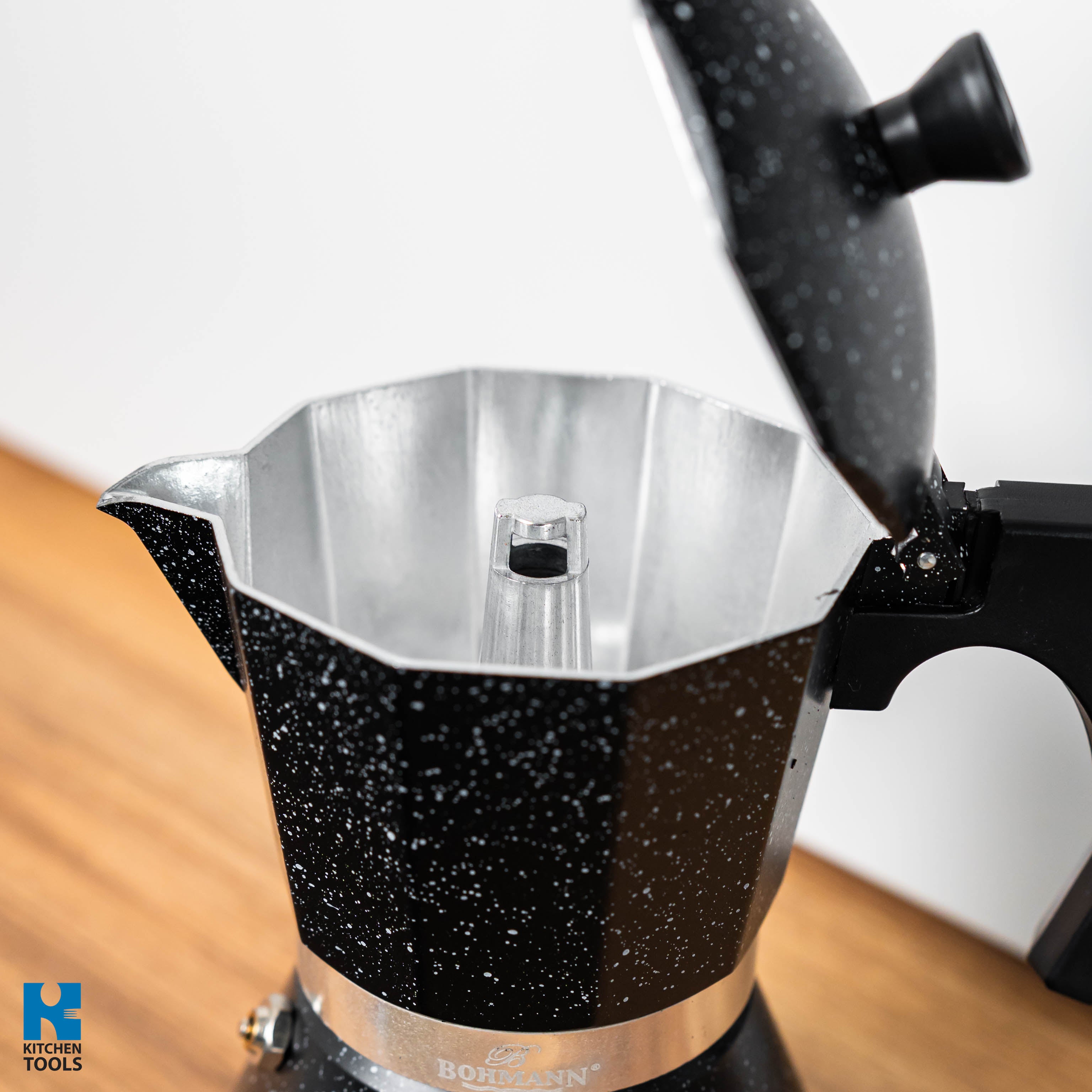 Espressor din aluminiu pentru aragaz Bohmann, 9 Cesti, Aluminiu, maner bachelita, Negru