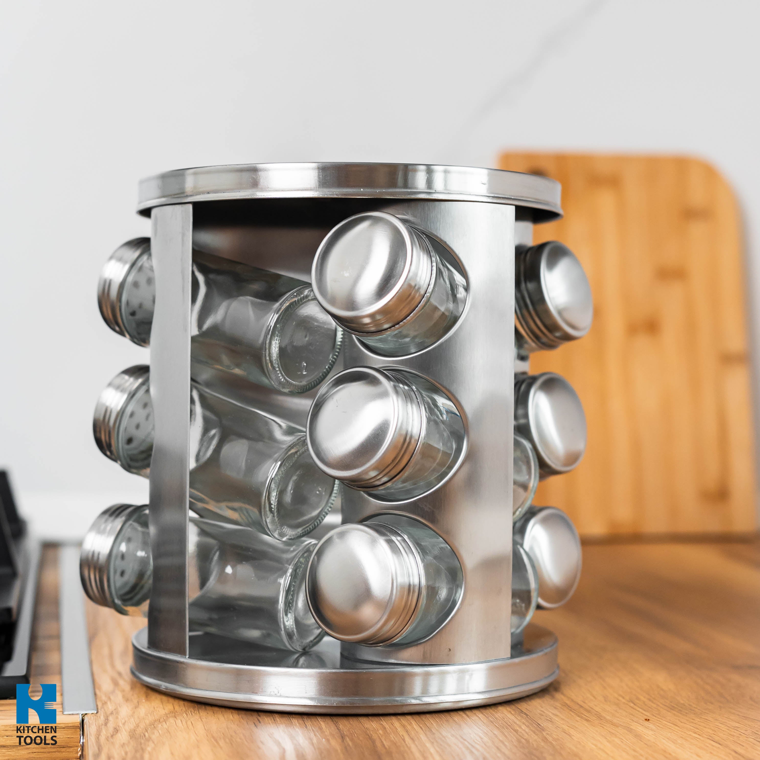 Set organizator condimente rotativ, 12 recipiente, argintiu