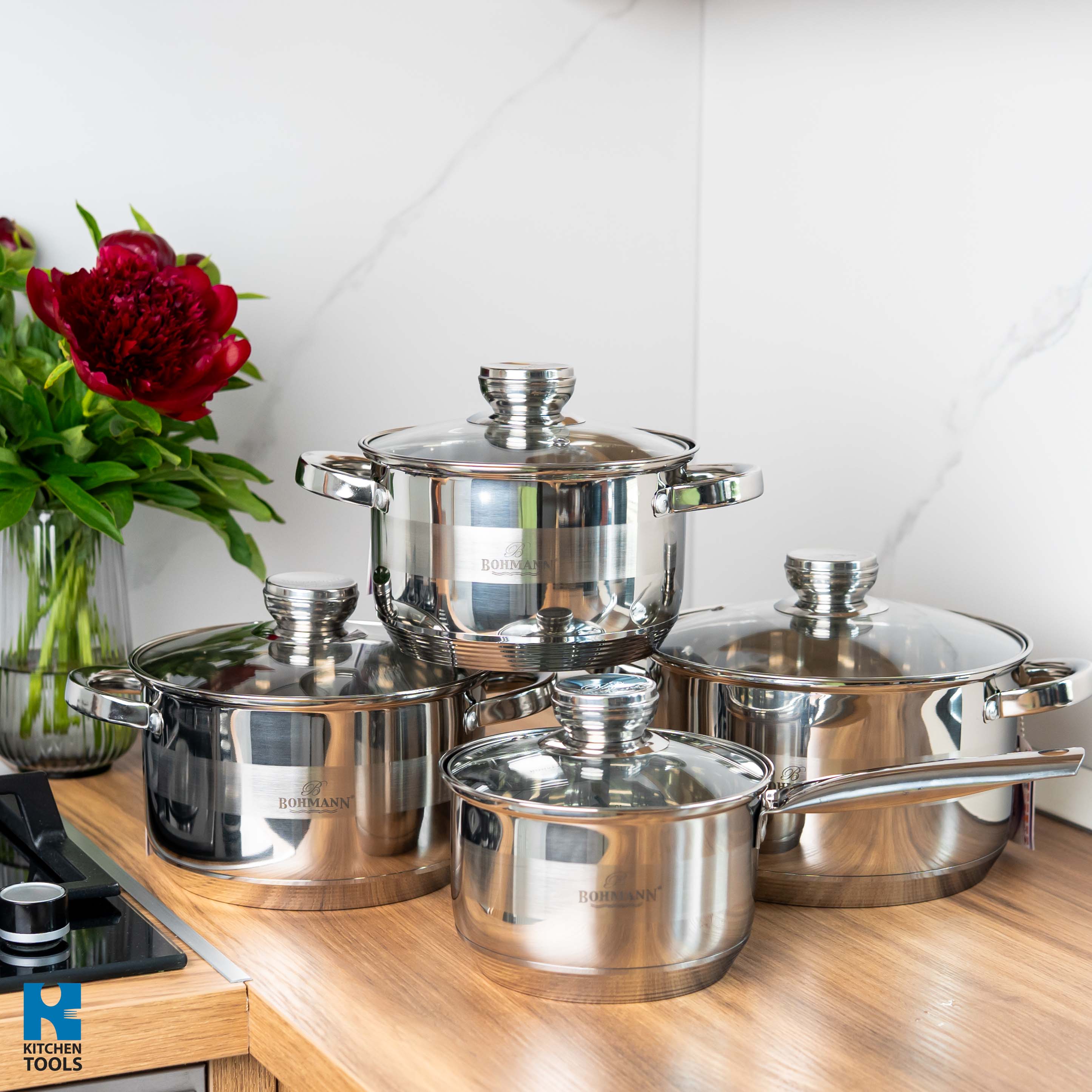 Set 8 piese, cratite din inox cu capace din sticla termorezistenta, Bohmann, 2.1L/2.9L/3.9L/5.1L, compatibile inductie