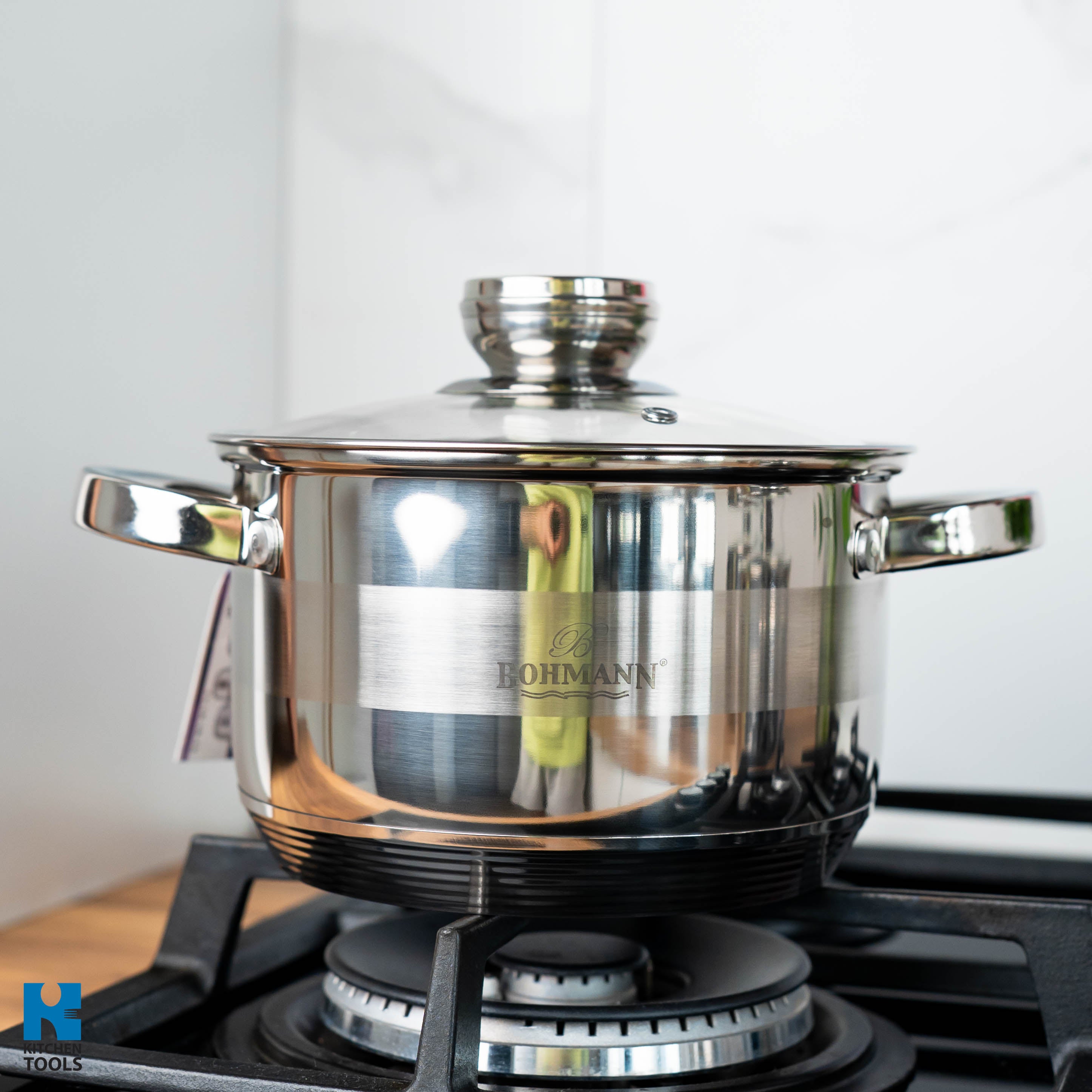 Set 8 piese, cratite din inox cu capace din sticla termorezistenta, Bohmann, 2.1L/2.9L/3.9L/5.1L, compatibile inductie