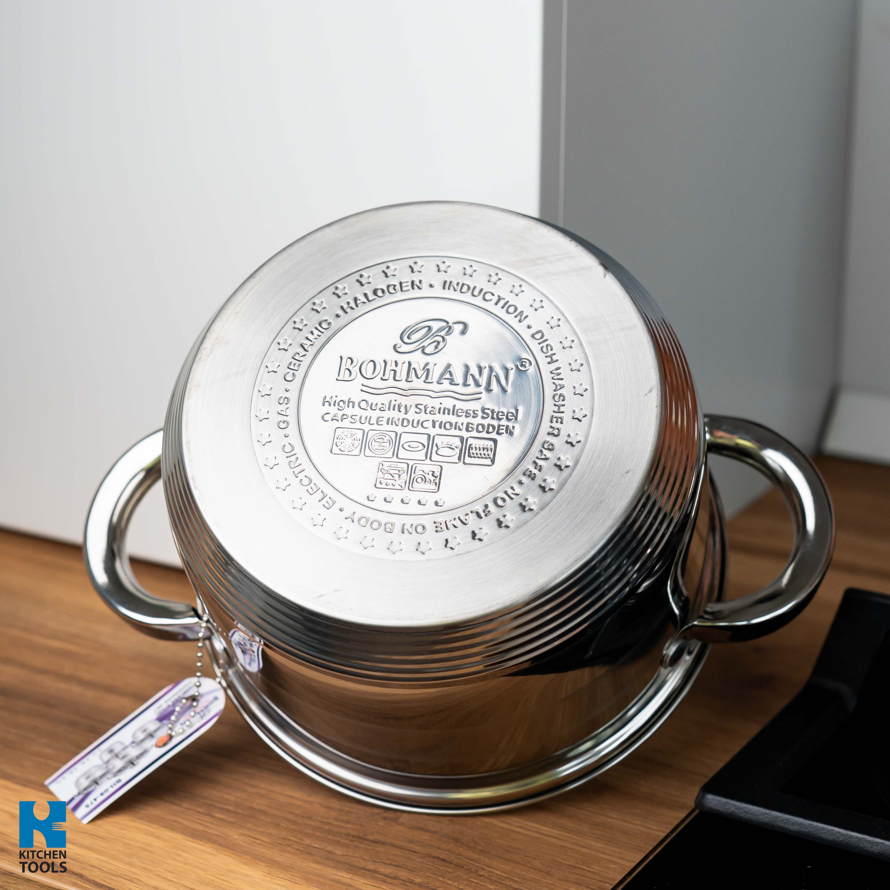Set 8 piese, cratite din inox cu capace din sticla termorezistenta, Bohmann, 2.1L/2.9L/3.9L/5.1L, compatibile inductie