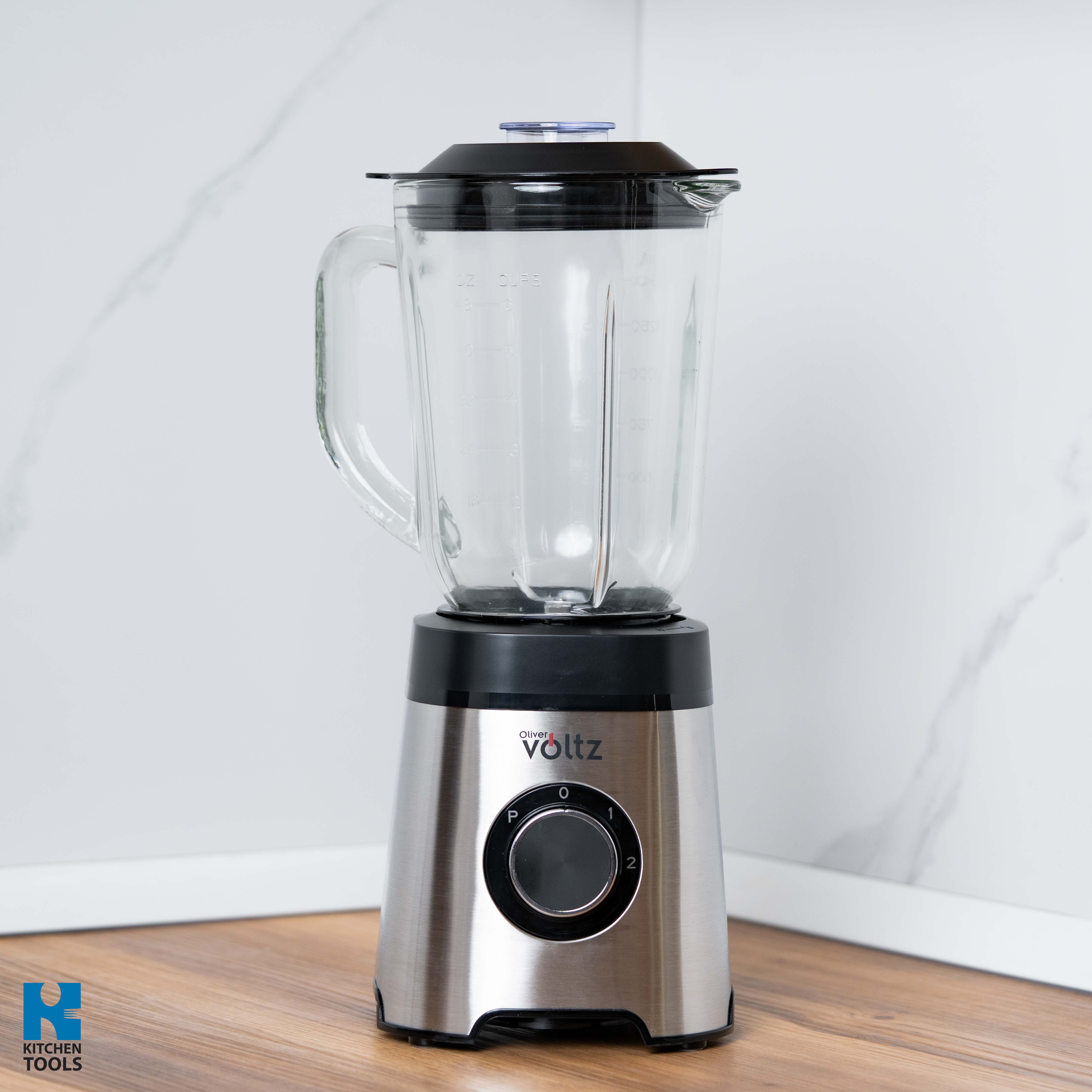 Blender electric, 800W, 1.5 litri, lame inox, 2 trepte viteza, zdrobitor nuci/gheata, functie pulse, bol sticla, Oliver Voltz, argintiu