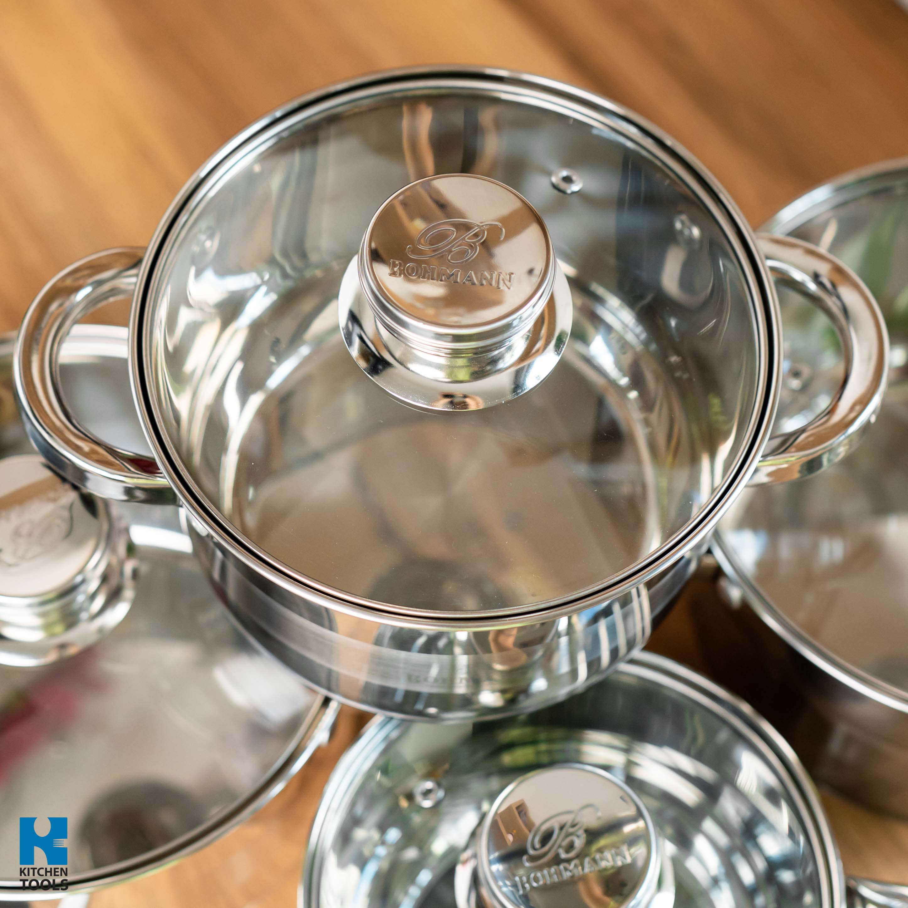 Set 8 piese, cratite din inox cu capace din sticla termorezistenta, Bohmann, 2.1L/2.9L/3.9L/5.1L, compatibile inductie