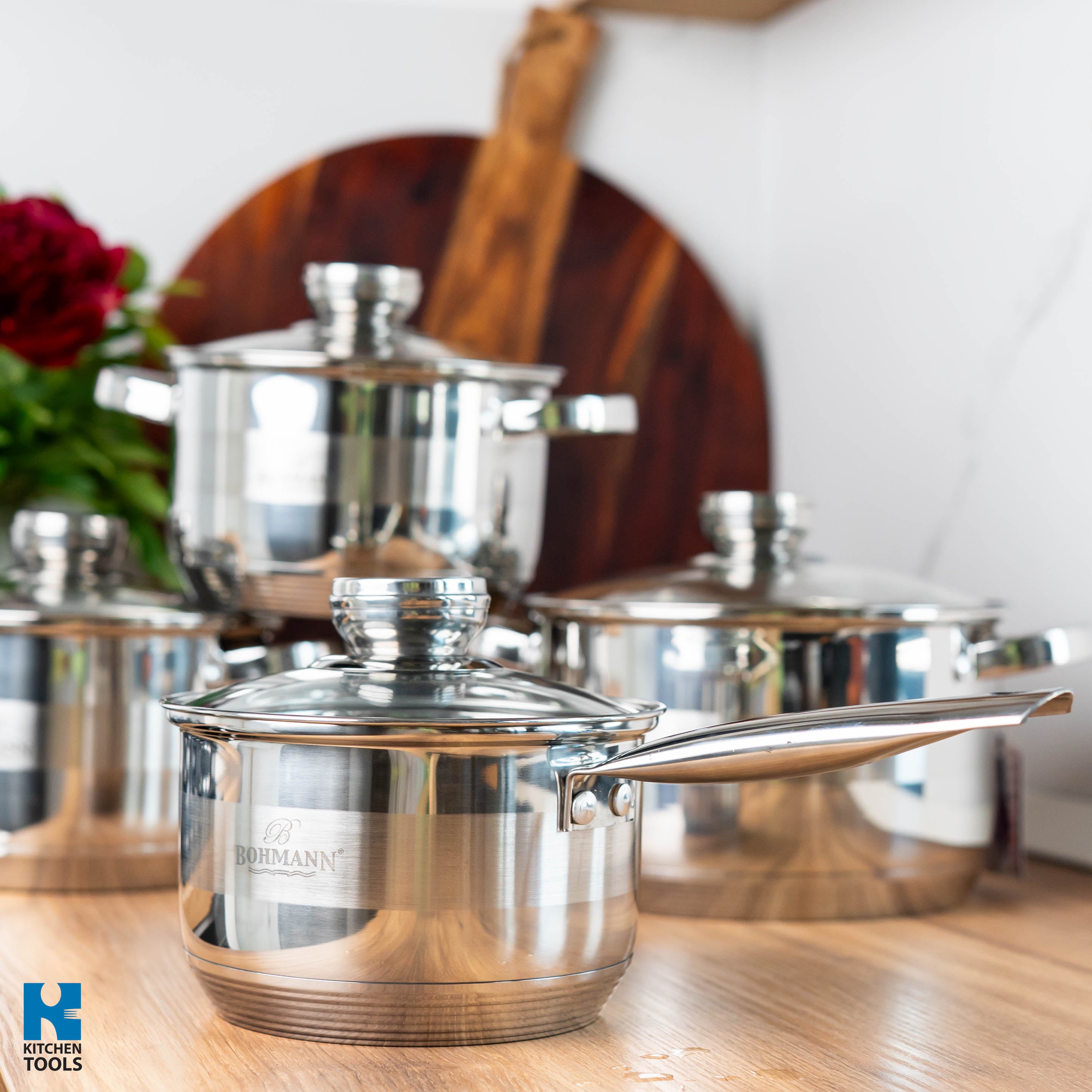 Set 8 piese, cratite din inox cu capace din sticla termorezistenta, Bohmann, 2.1L/2.9L/3.9L/5.1L, compatibile inductie