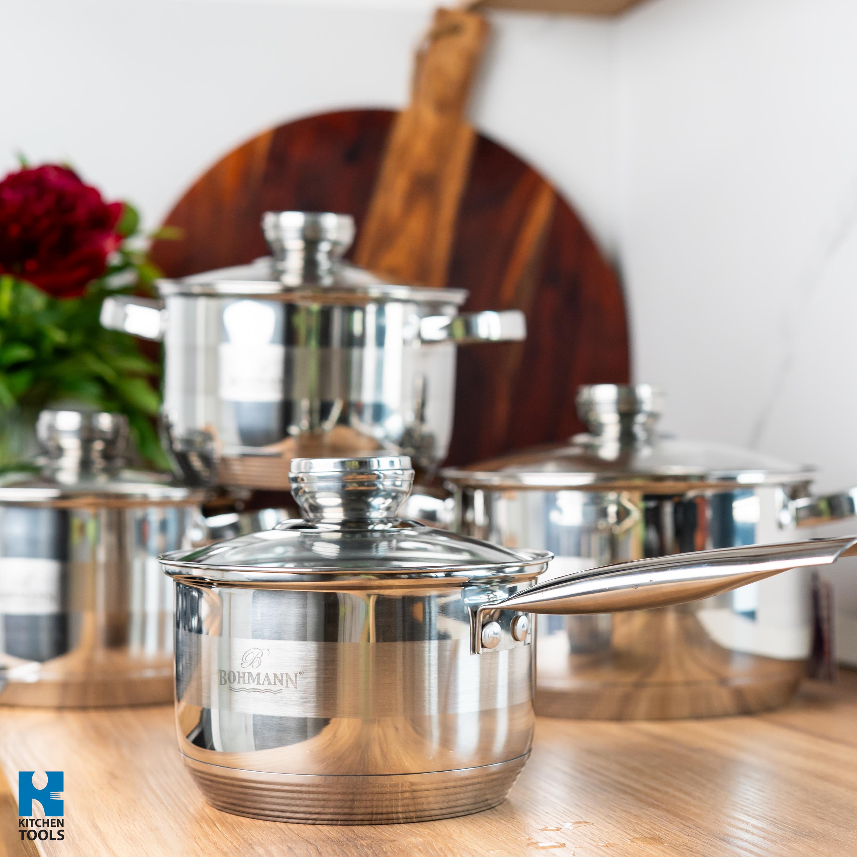 Set 8 piese, cratite din inox cu capace din sticla termorezistenta, Bohmann, 2.1L/2.9L/3.9L/5.1L, compatibile inductie