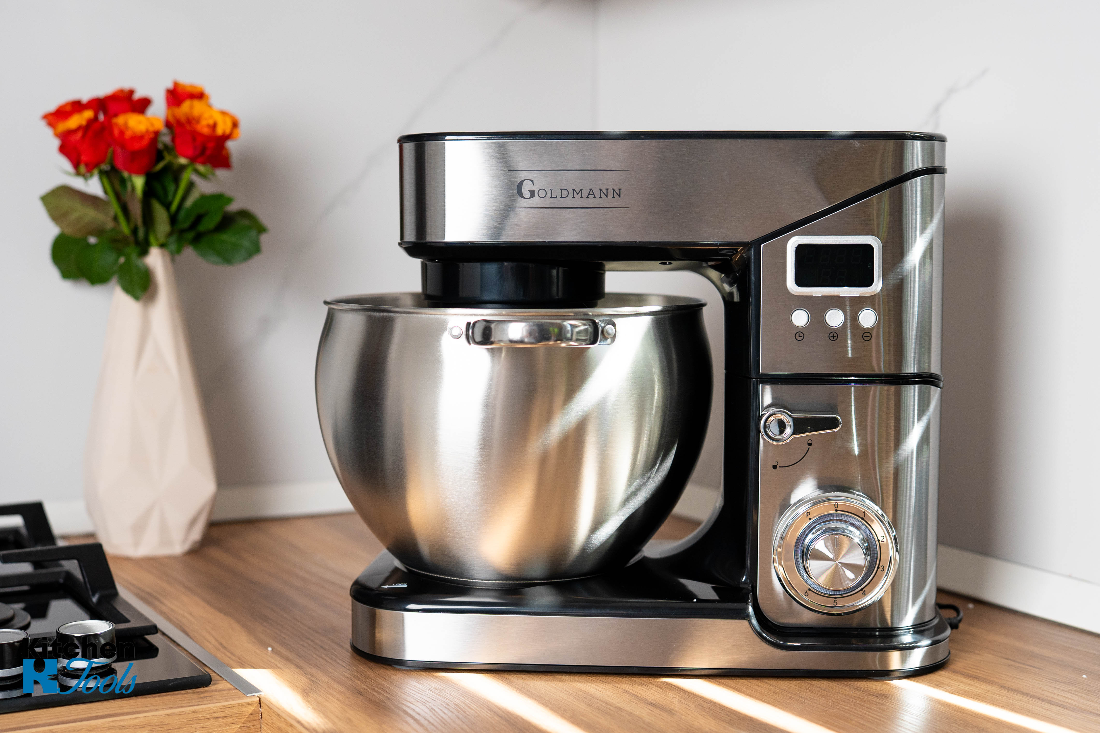 Mixer planetar, 2800 W, Bol 10 L Inox, 5 Accesorii, 6 Viteze, Timer/Cronometru, Angrenaje metalice, Carcasa inox, GOLDMANN, Gri