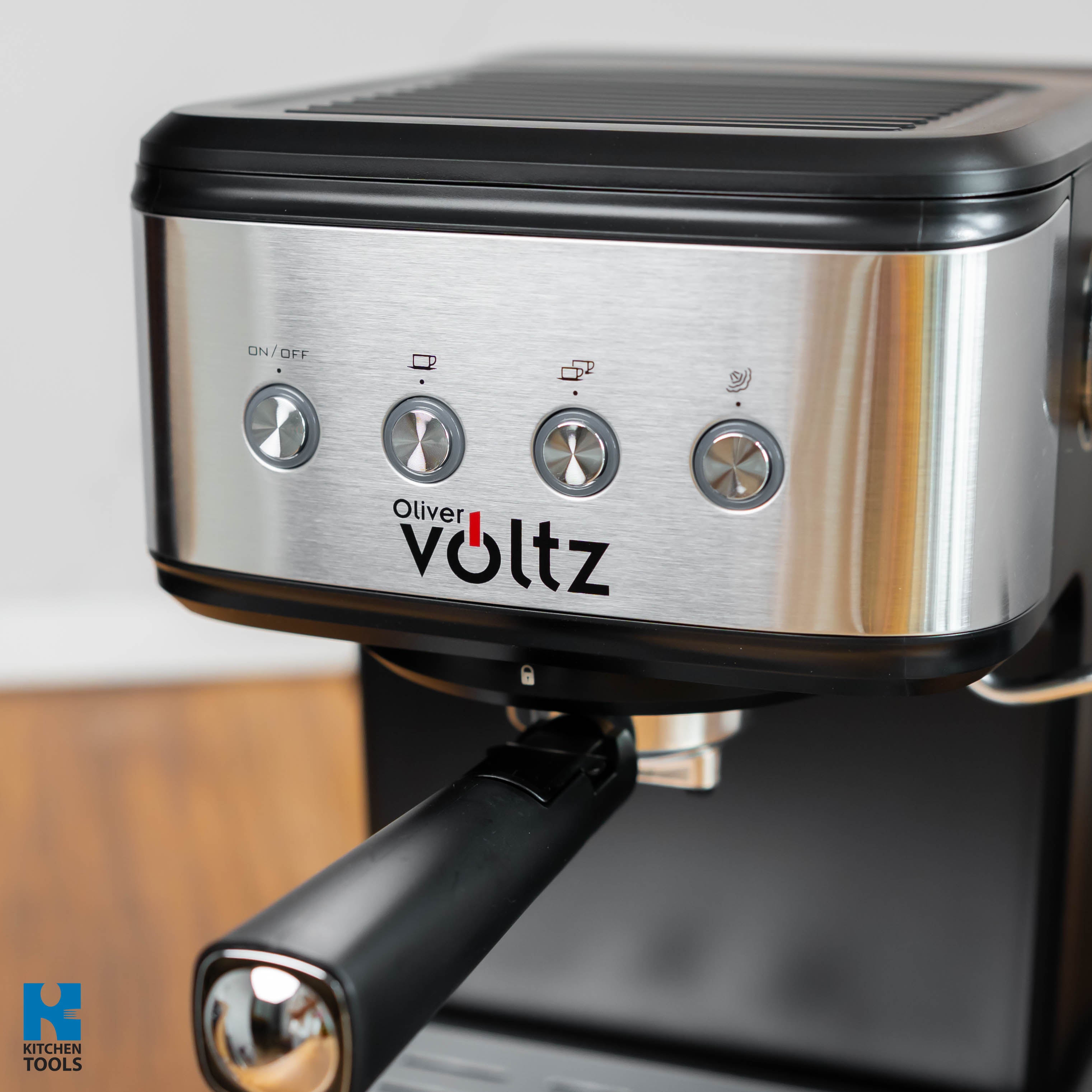Espressor de cafea Oliver Voltz Premium, spumare lapte, cafea macinata, 1.2 L, 20 bar, 1100W, Disc crema, Negru/Inox