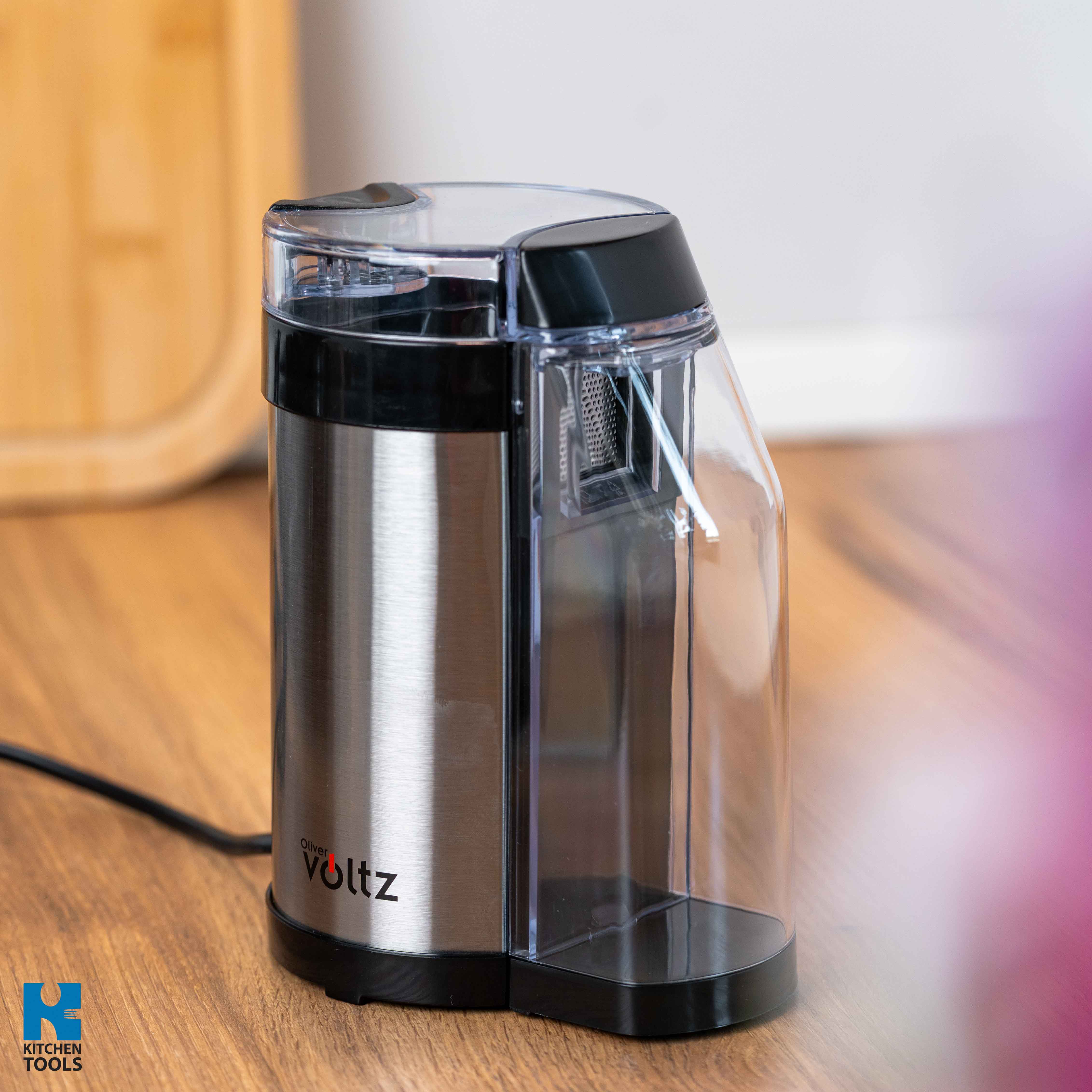 Rasnita electrica de cafea, 130W, recipient detasabil 50g, 2 site, carcasa inox, Oliver Voltz, negru