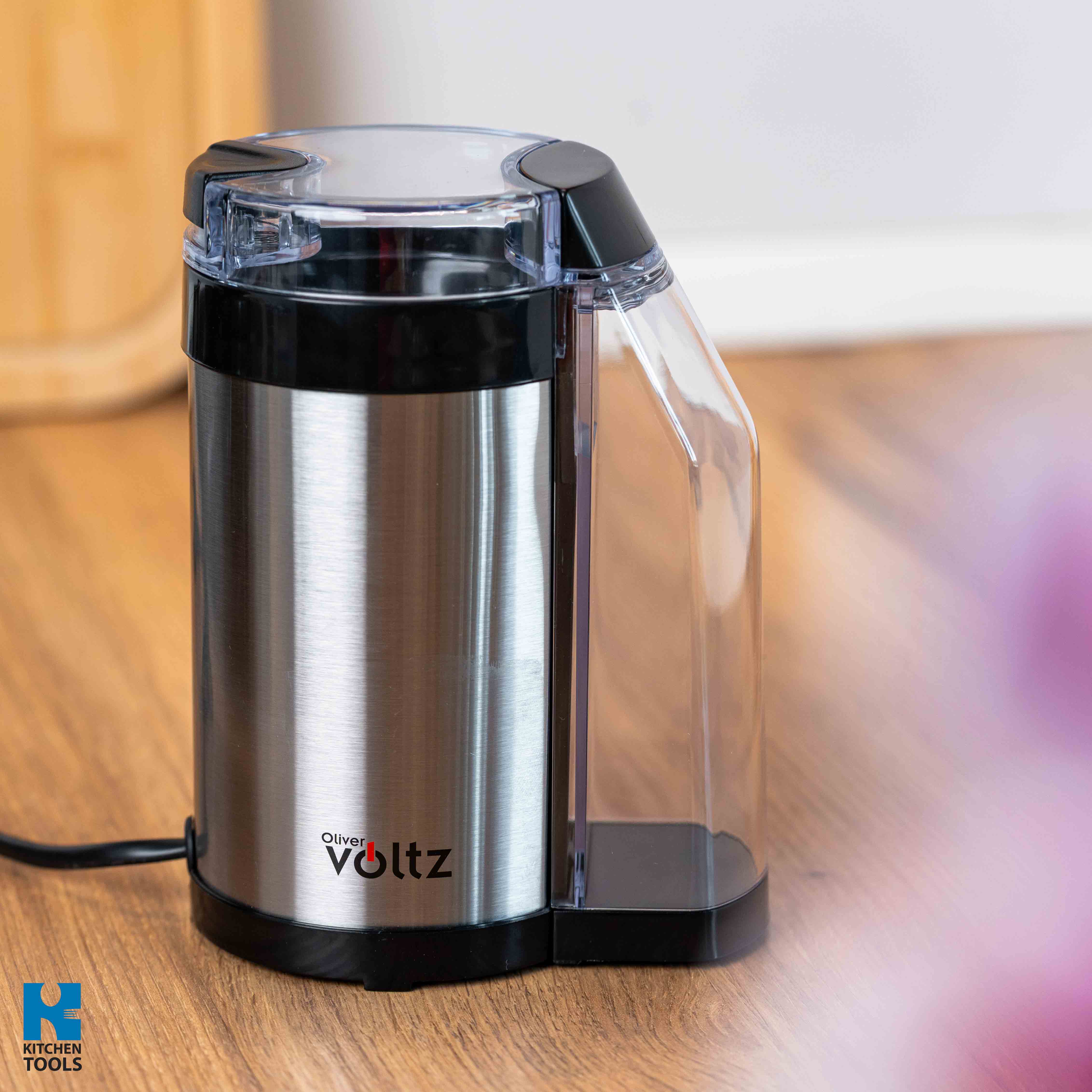 Rasnita electrica de cafea, 130W, recipient detasabil 50g, 2 site, carcasa inox, Oliver Voltz, negru