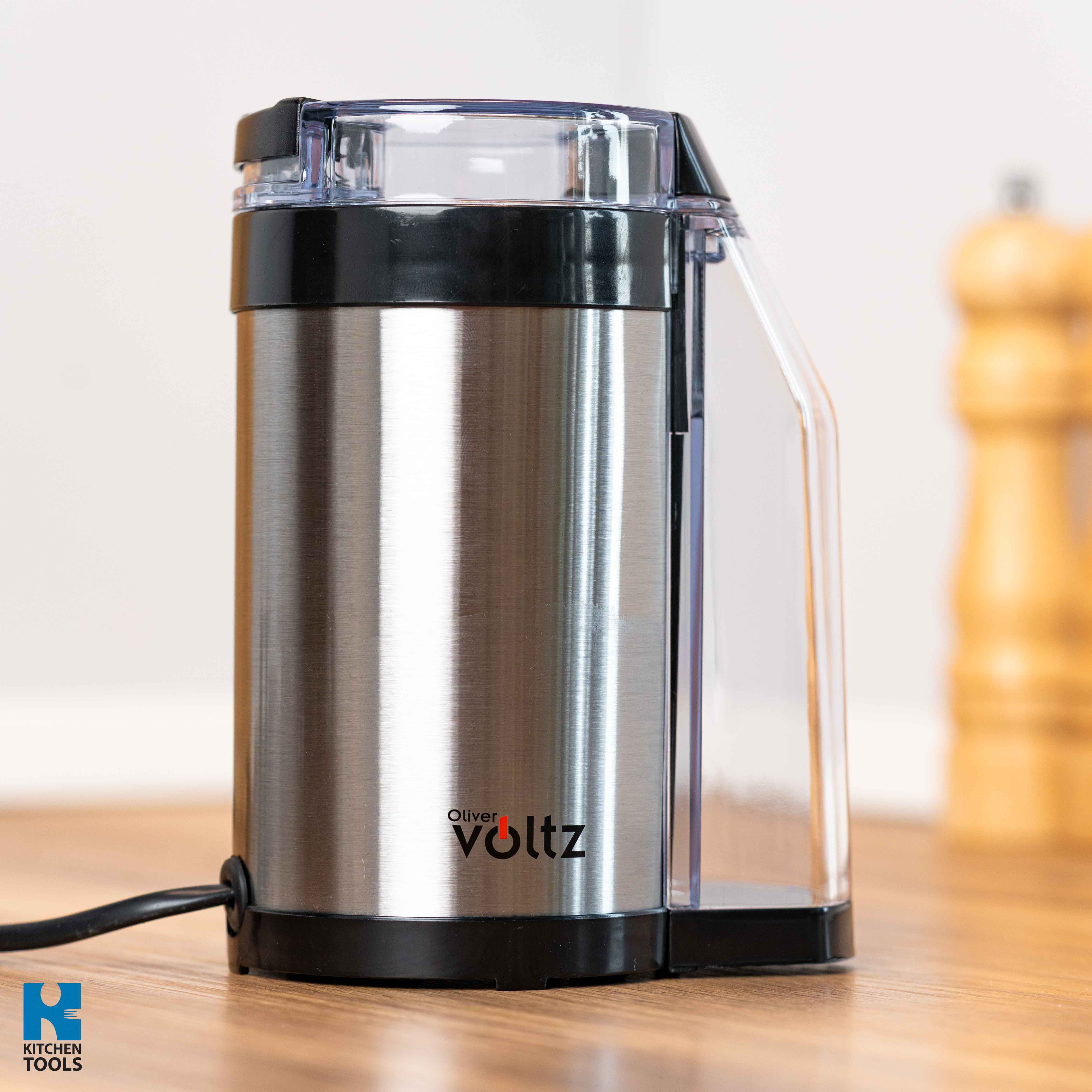 Rasnita electrica de cafea, 130W, recipient detasabil 50g, 2 site, carcasa inox, Oliver Voltz, negru