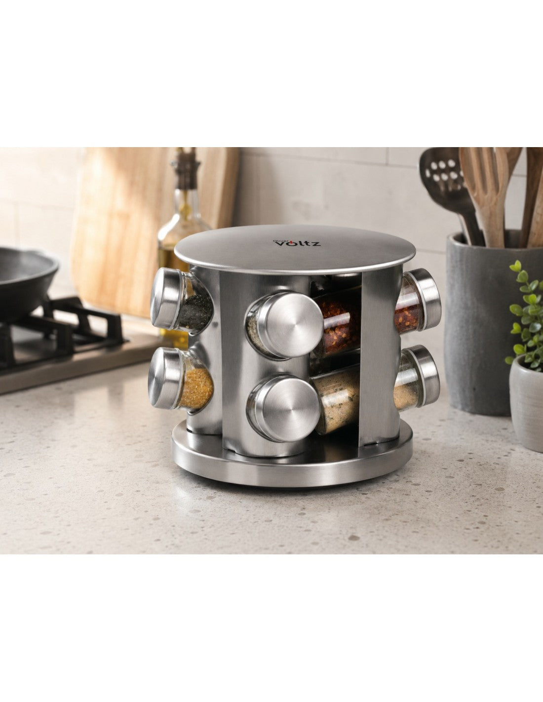 Set pentru condimente din inox, 8 recipiente din sticla cu capac, 2 niveluri, Voltz