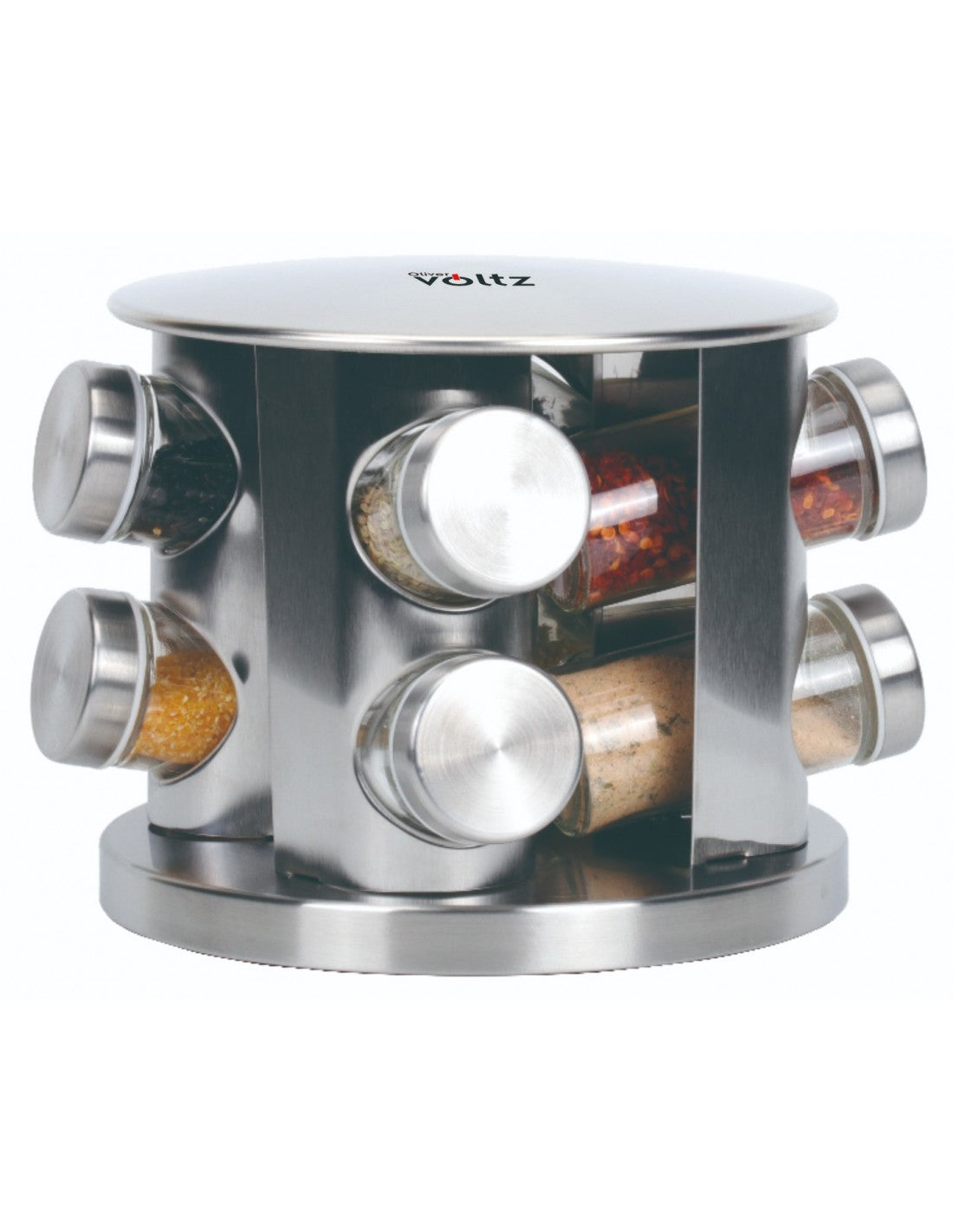 Set pentru condimente din inox, 8 recipiente din sticla cu capac, 2 niveluri, Voltz