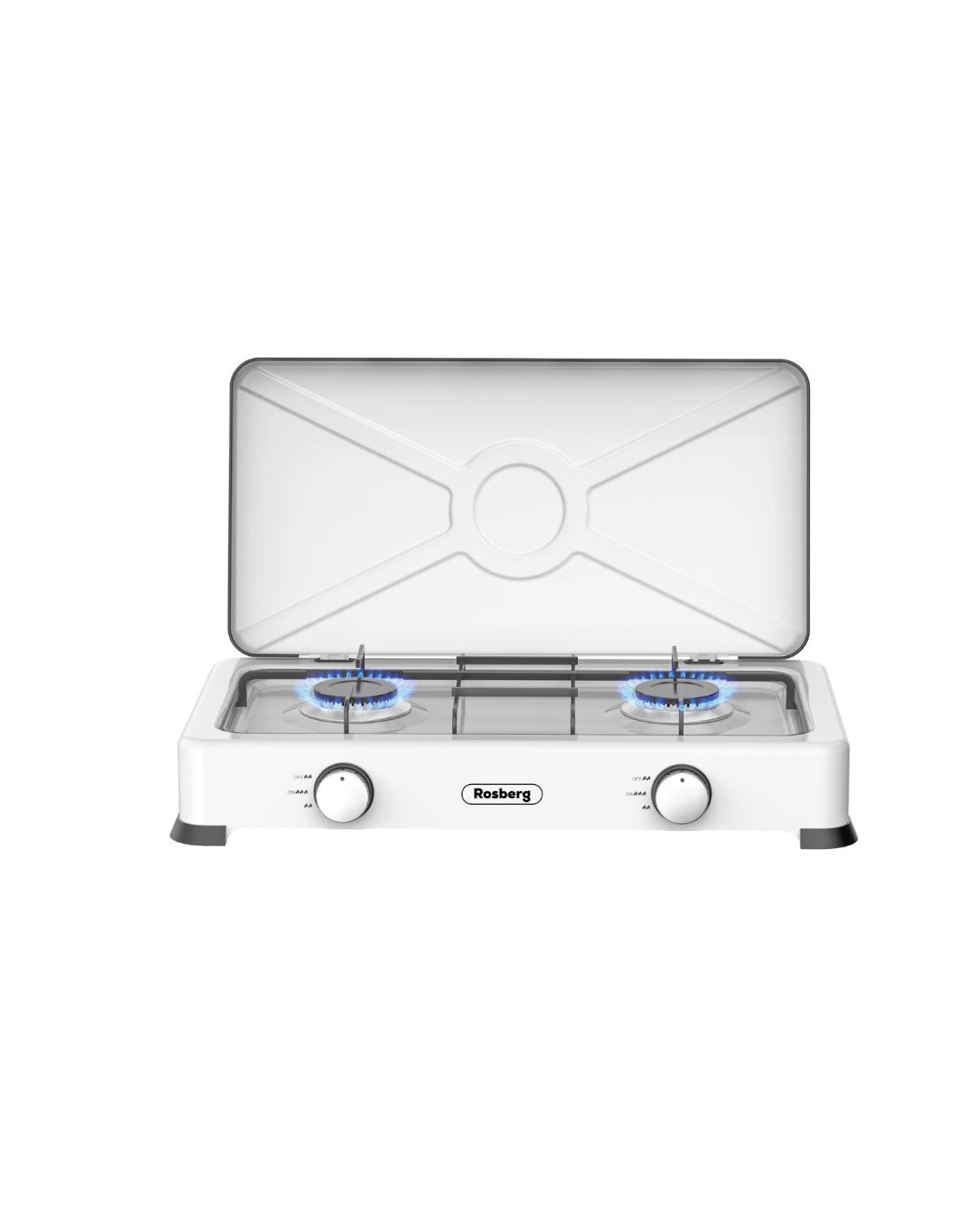 Aragaz pe gaz cu 2 ochiuri si capac metalic, 2x2.2kW, pentru butelie, aprindere automata, exterior, Rosberg, alb (Copy)