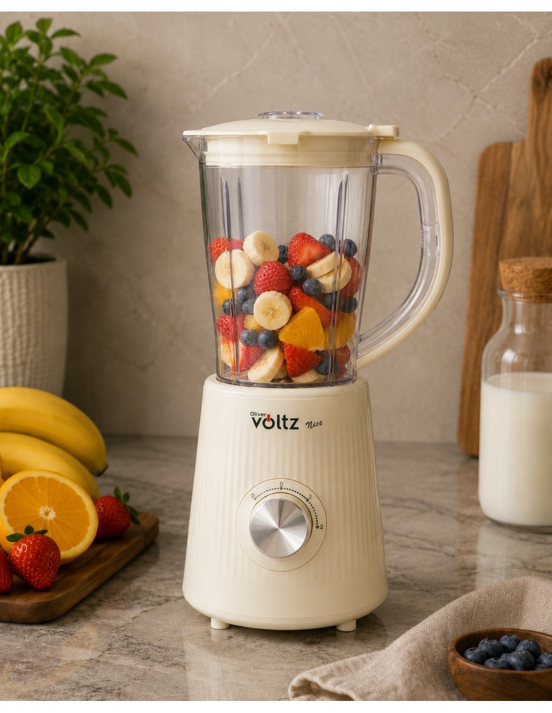 Blender electric, 500W, 1.5 litri, 2 viteze, functie Pulse, lame din otel, Oliver Voltz, gama Nice, crem